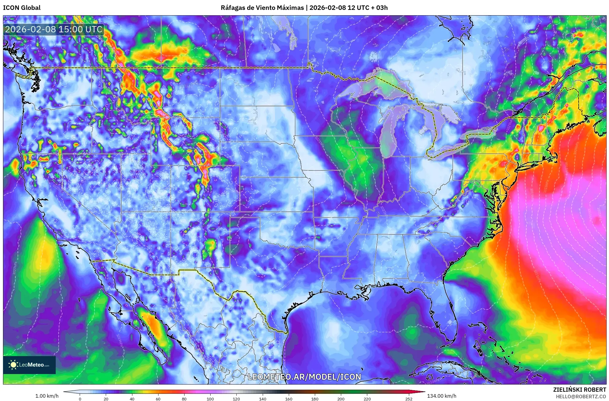 ICON model - Estados Unidos, Ráfagas de Viento Máximas