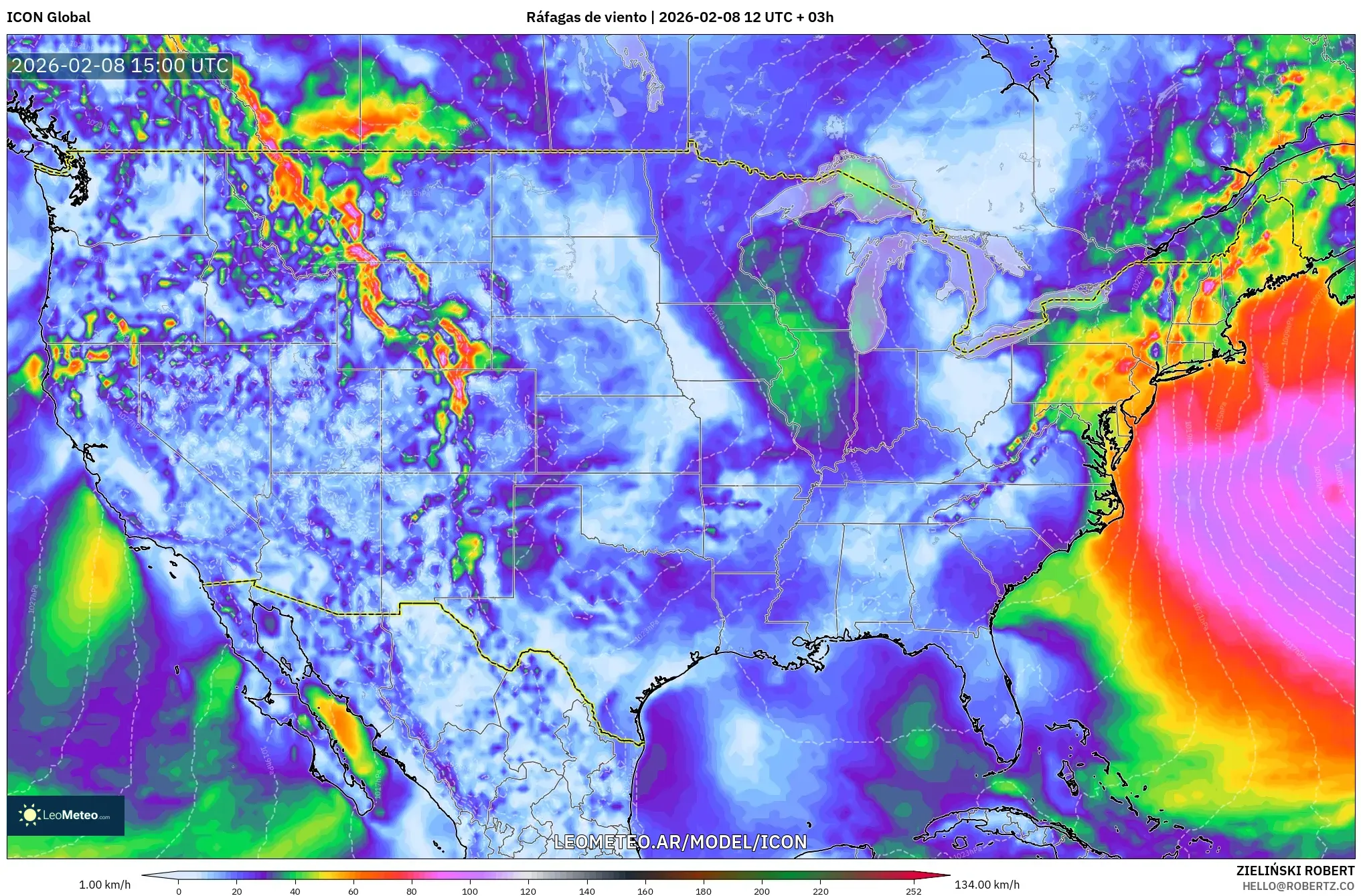 ICON model - Estados Unidos, Ráfagas de viento
