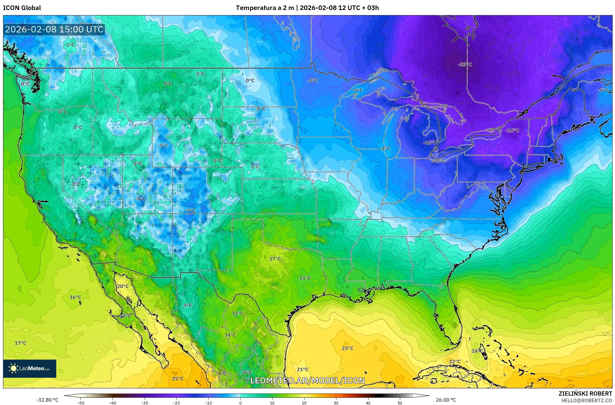 ICON model - Estados Unidos, Temperatura a 2 m