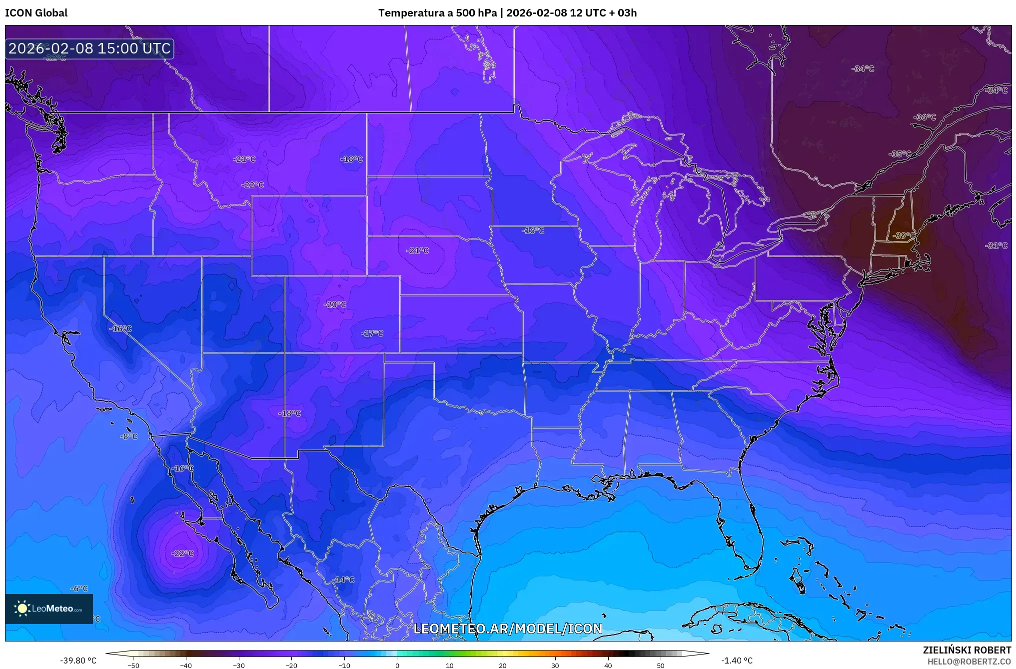 ICON model - Estados Unidos, Temperatura a 500 hPa