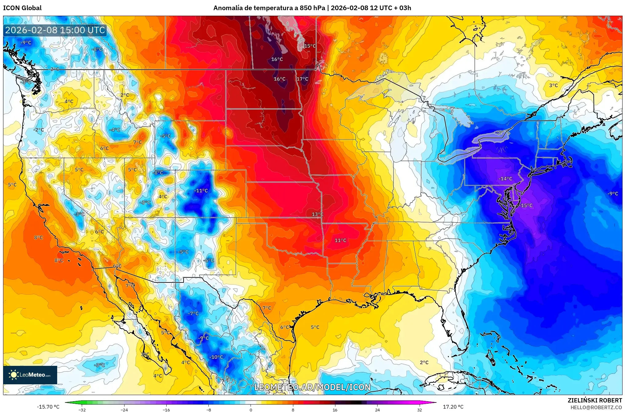 ICON model - Estados Unidos, Anomalía de temperatura a 850 hPa