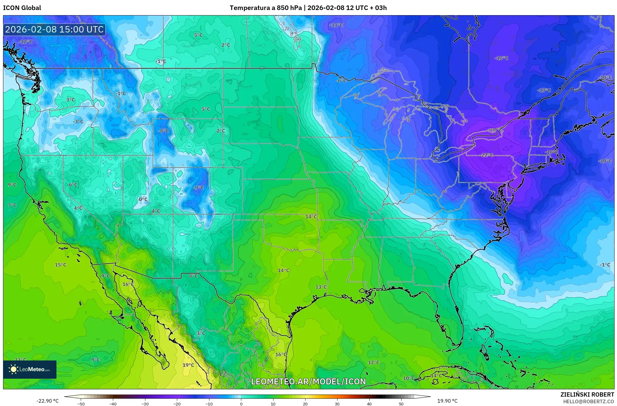 ICON model - Estados Unidos, Temperatura a 850 hPa