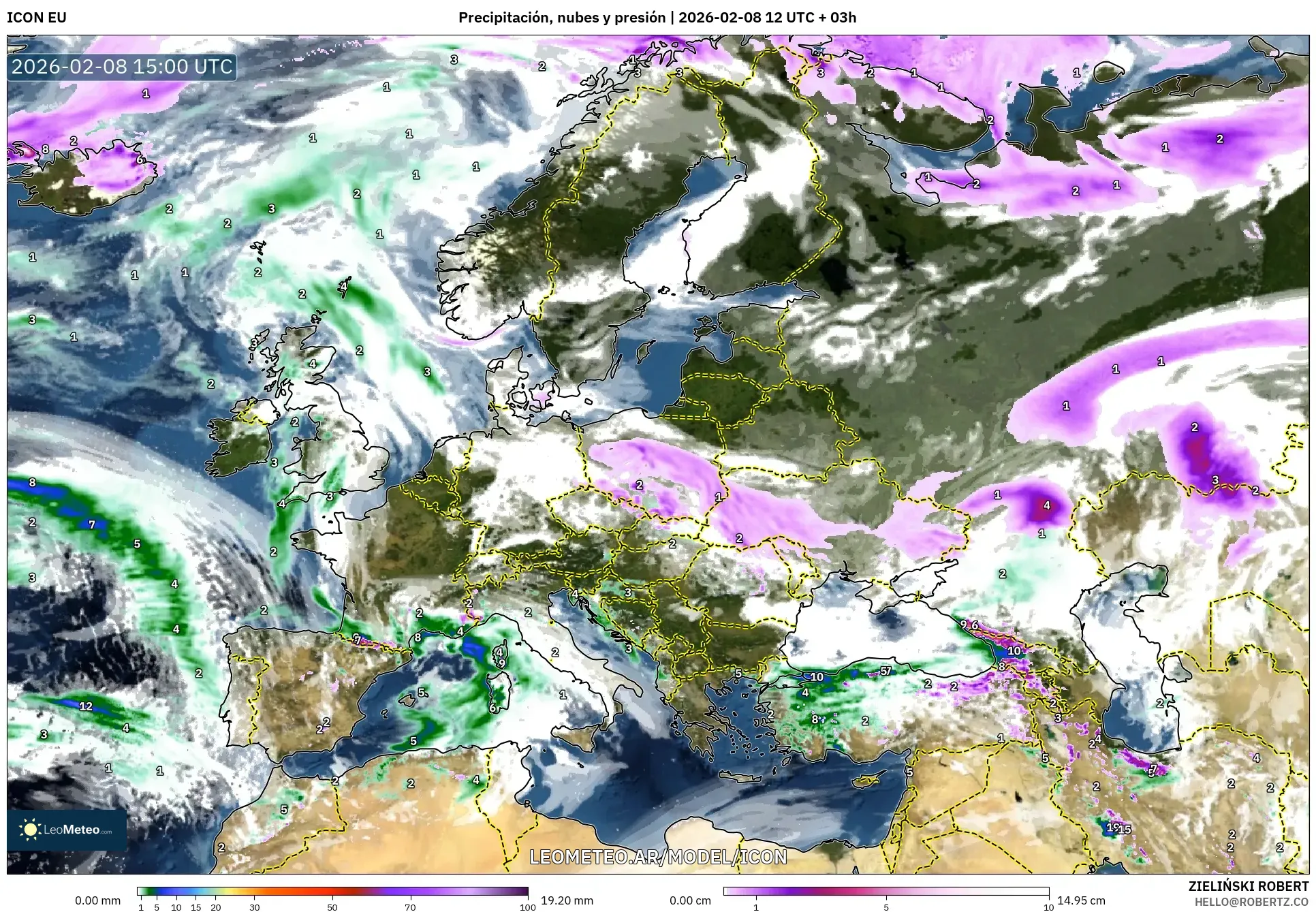 ICON model - Europa, Precipitación, nubes y presión