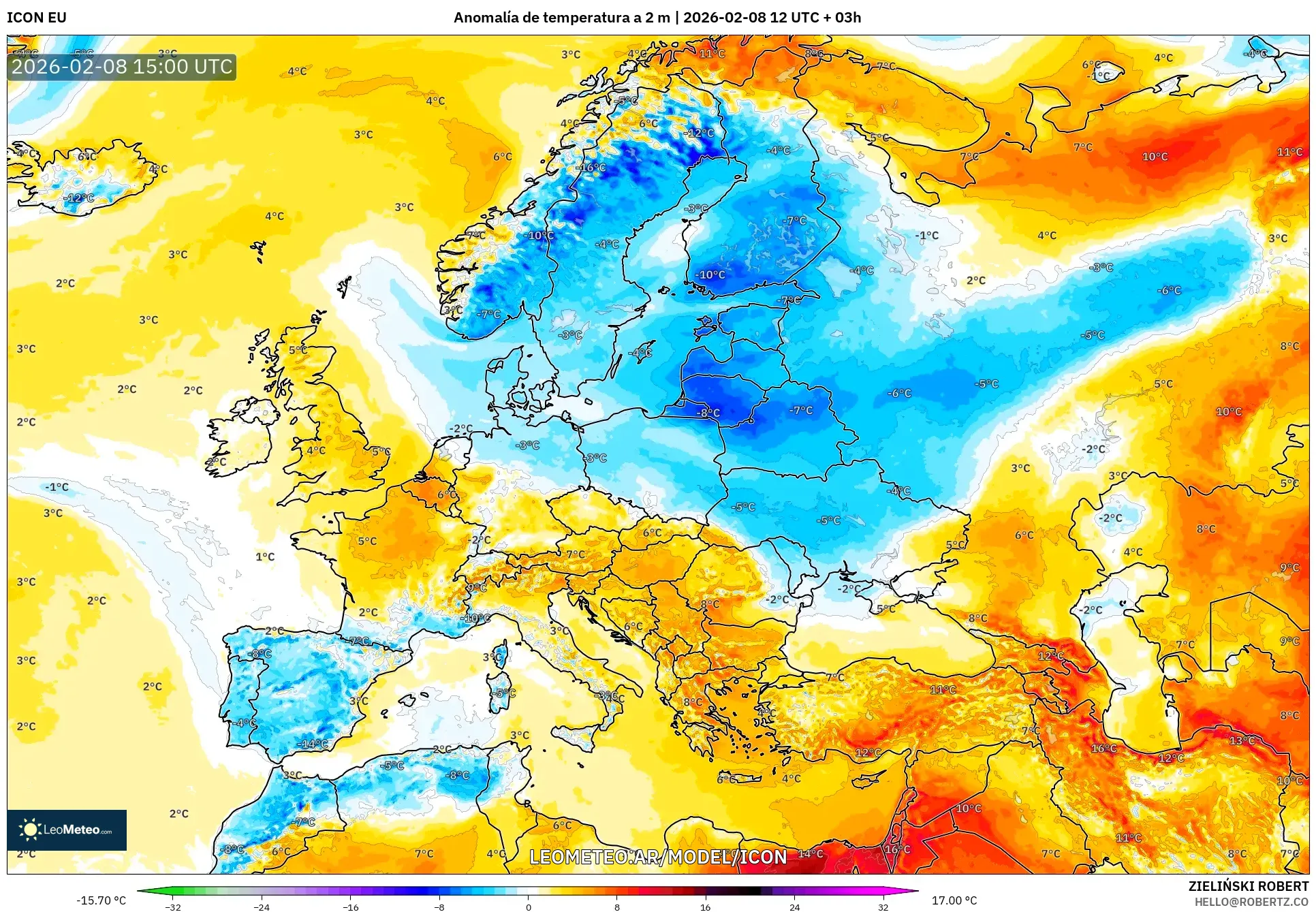 ICON model - Europa, Anomalía de temperatura a 2 m