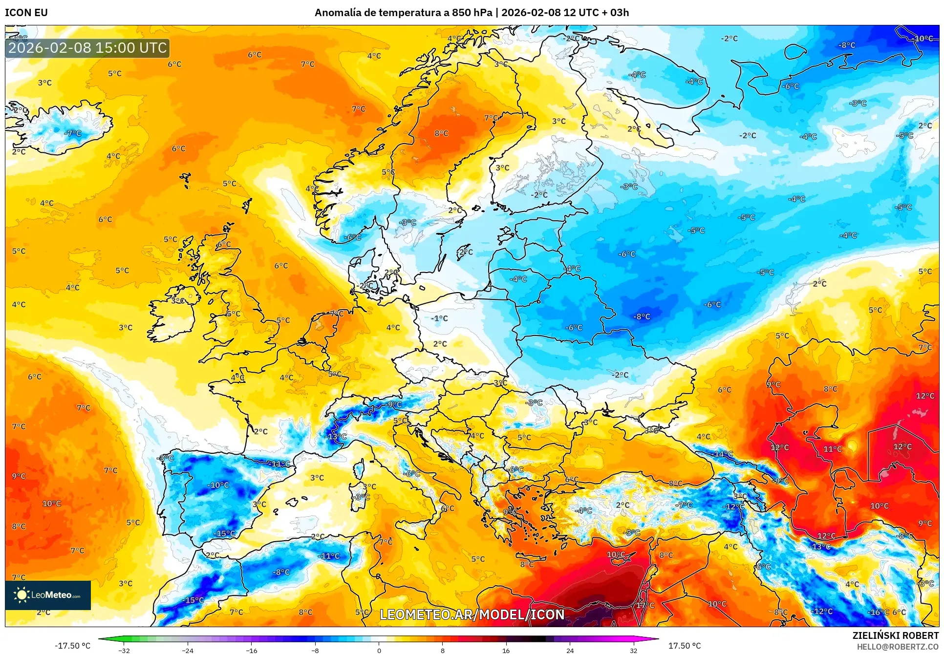 ICON model - Europa, Anomalía de temperatura a 850 hPa