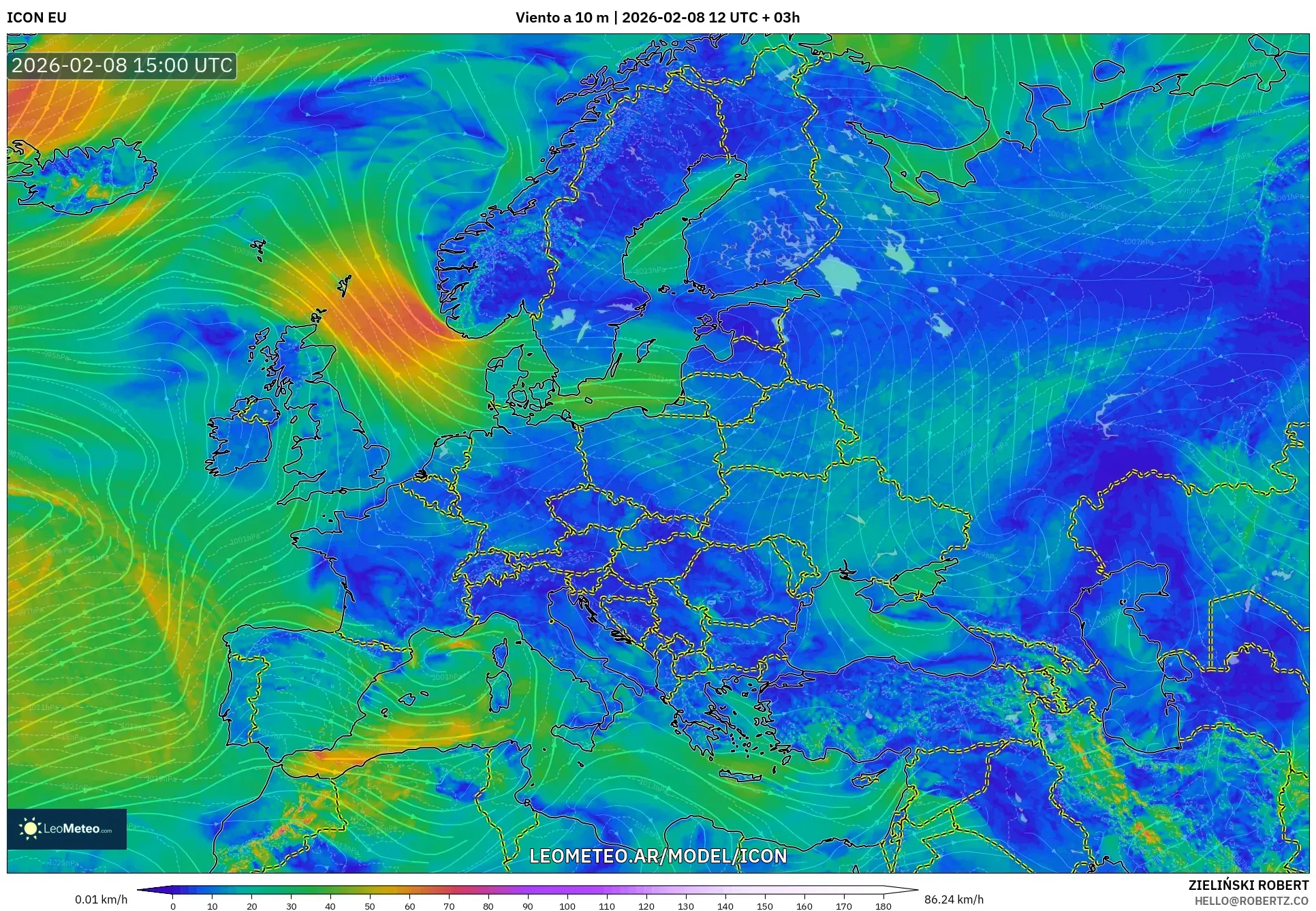 ICON model - Europa, Viento a 10 m