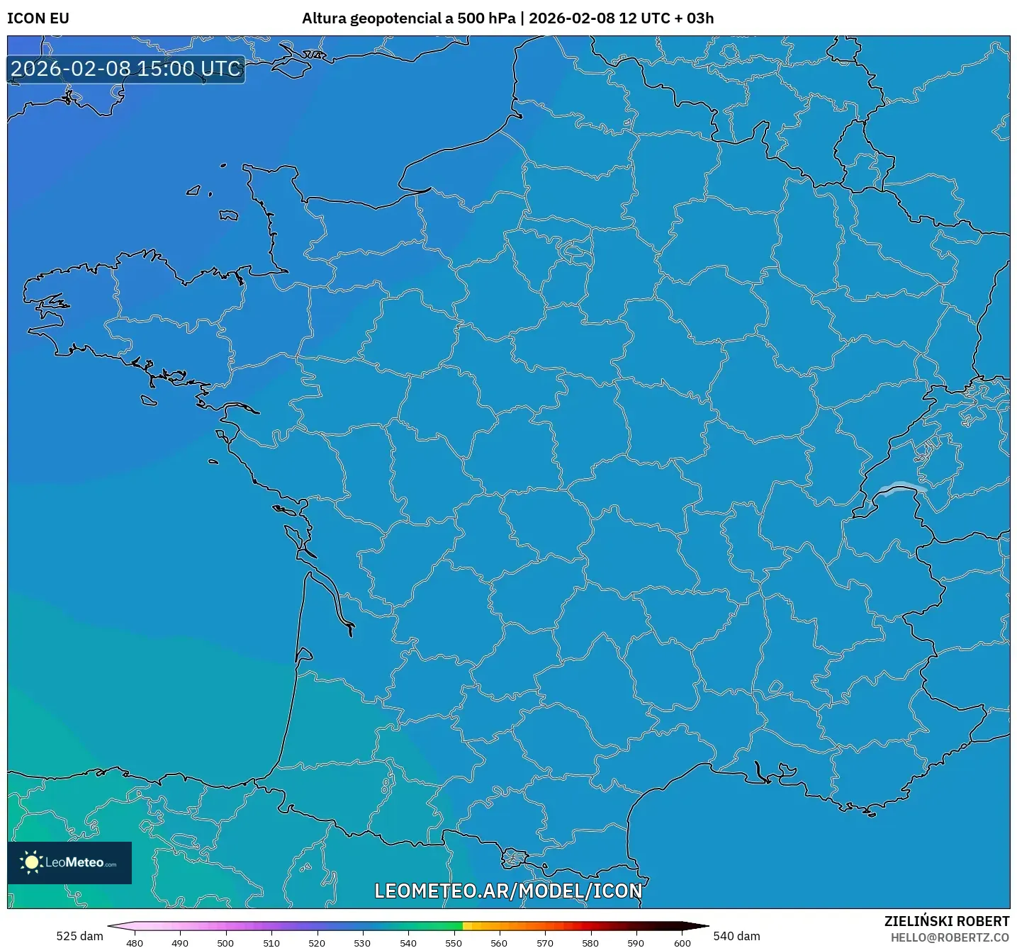 ICON model - Francia, Altura geopotencial a 500 hPa