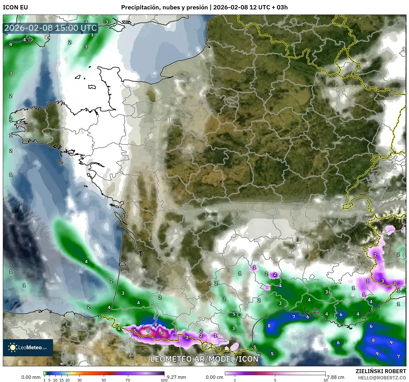 ICON model - Francia, Precipitación, nubes y presión
