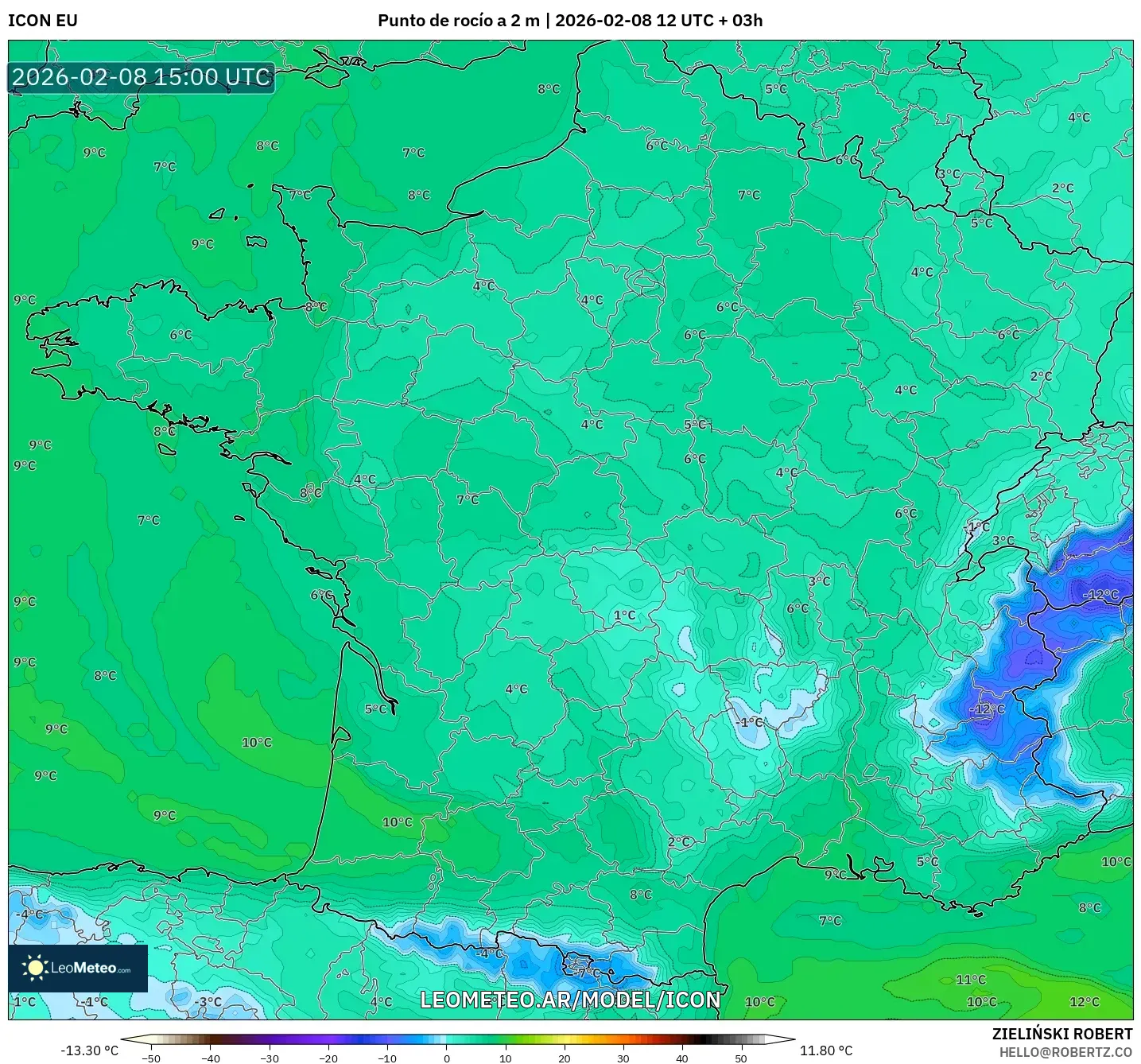 ICON model - Francia, Punto de rocío a 2 m