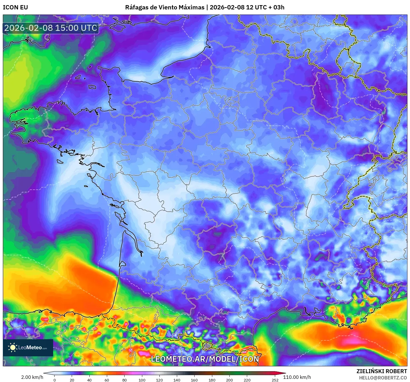 ICON model - Francia, Ráfagas de Viento Máximas