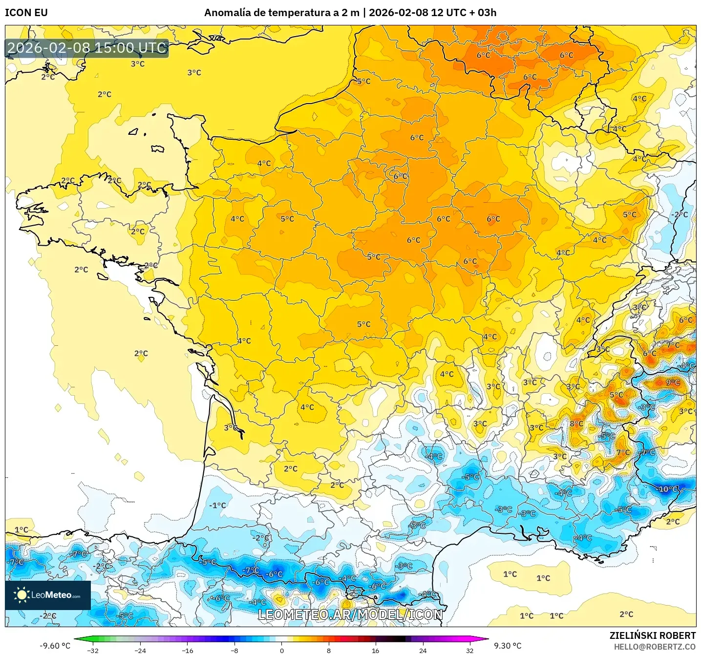 ICON model - Francia, Anomalía de temperatura a 2 m