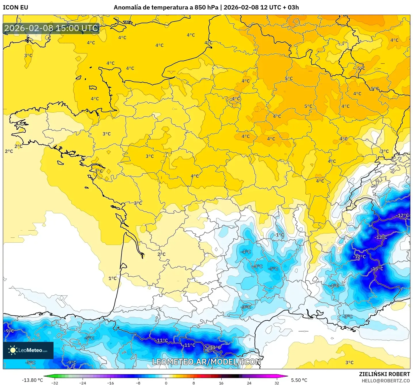 ICON model - Francia, Anomalía de temperatura a 850 hPa