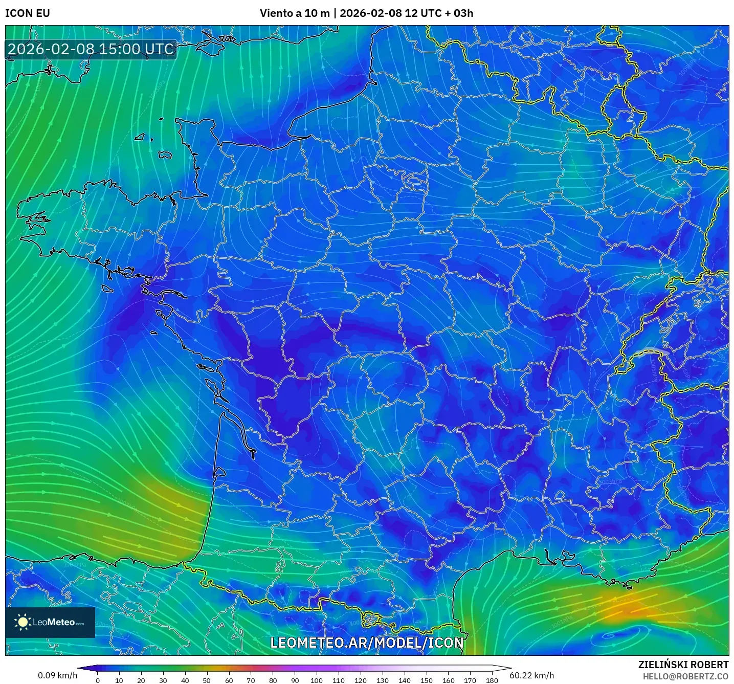 ICON model - Francia, Viento a 10 m