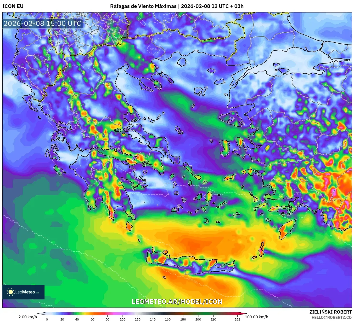 ICON model - Grecia, Ráfagas de Viento Máximas