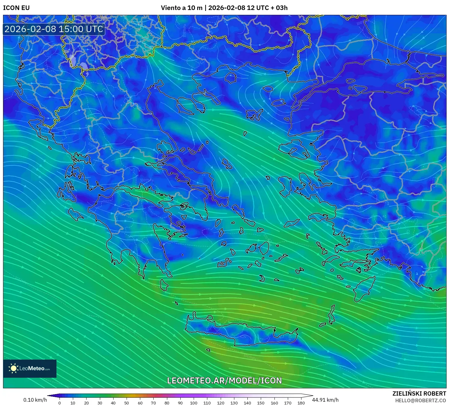 ICON model - Grecia, Viento a 10 m