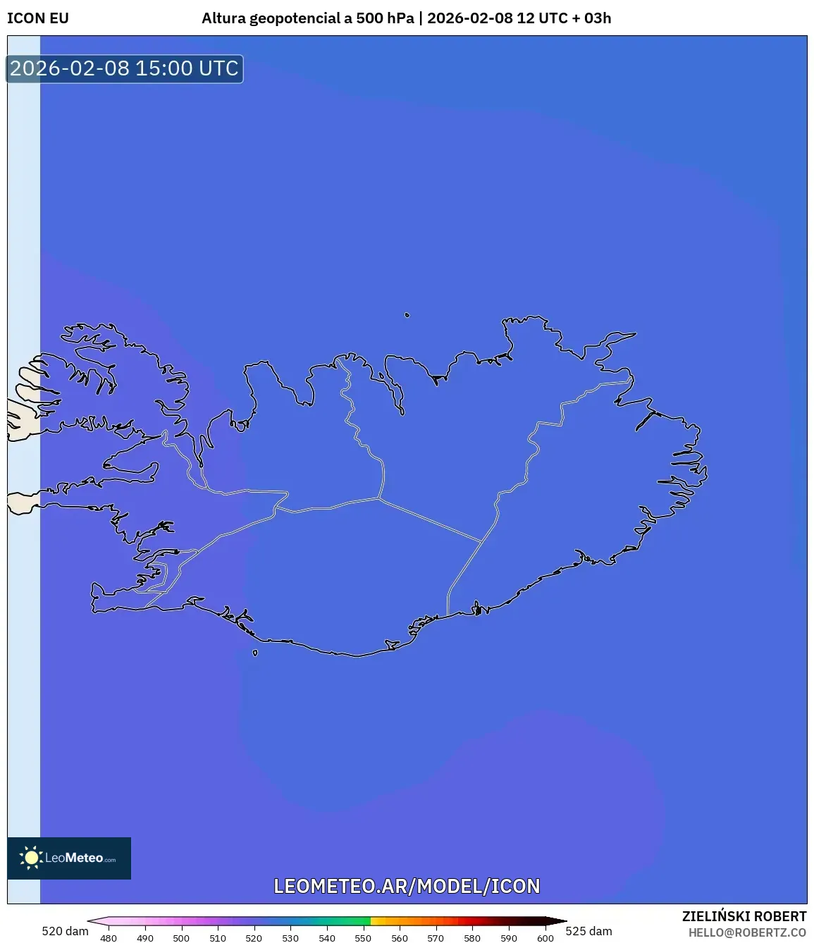 ICON model - Islandia, Altura geopotencial a 500 hPa