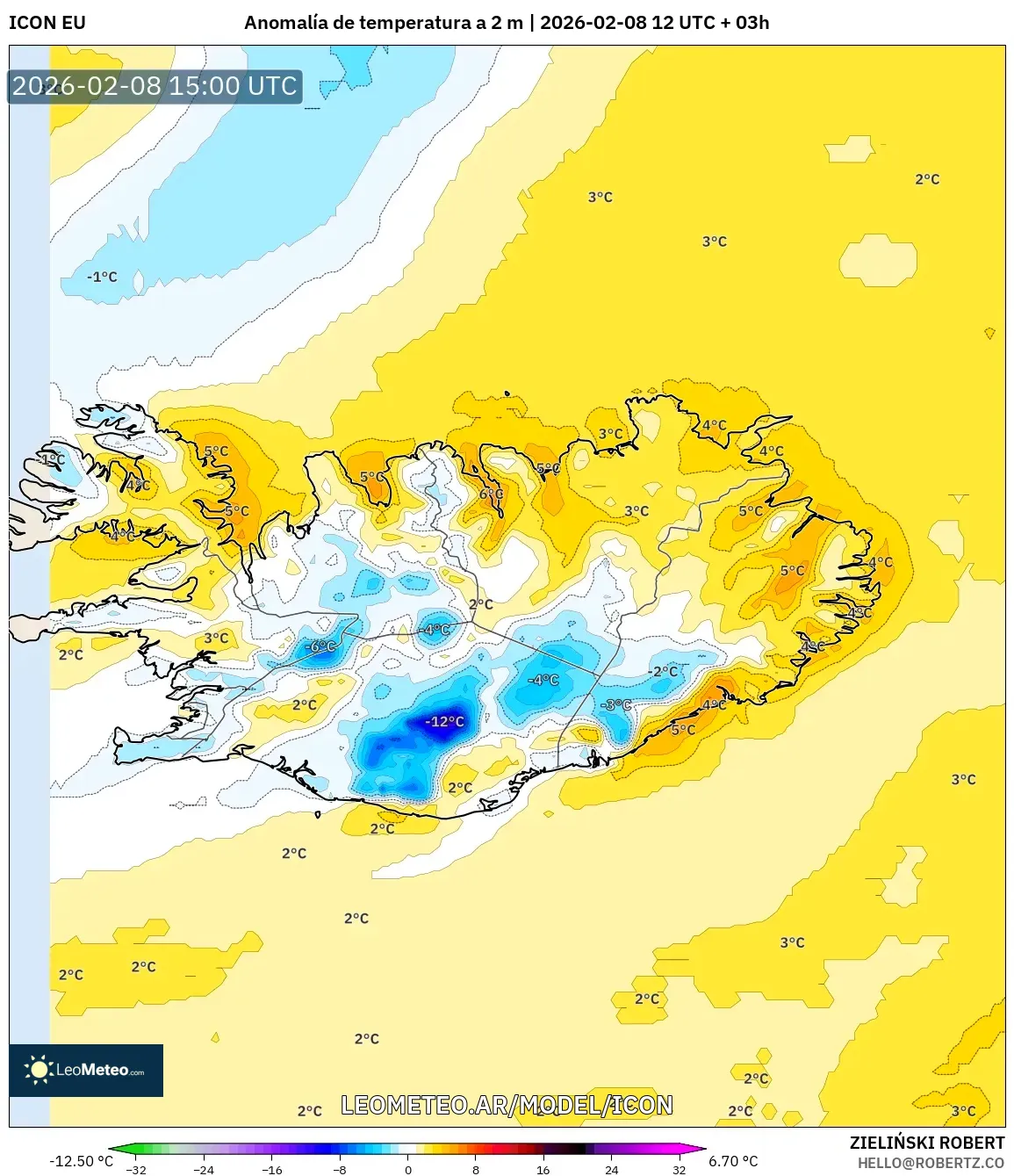 ICON model - Islandia, Anomalía de temperatura a 2 m