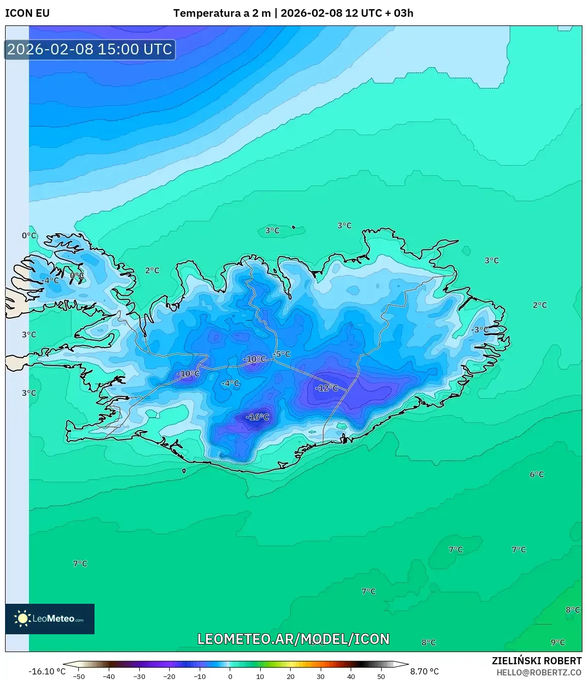 ICON model - Islandia, Temperatura a 2 m
