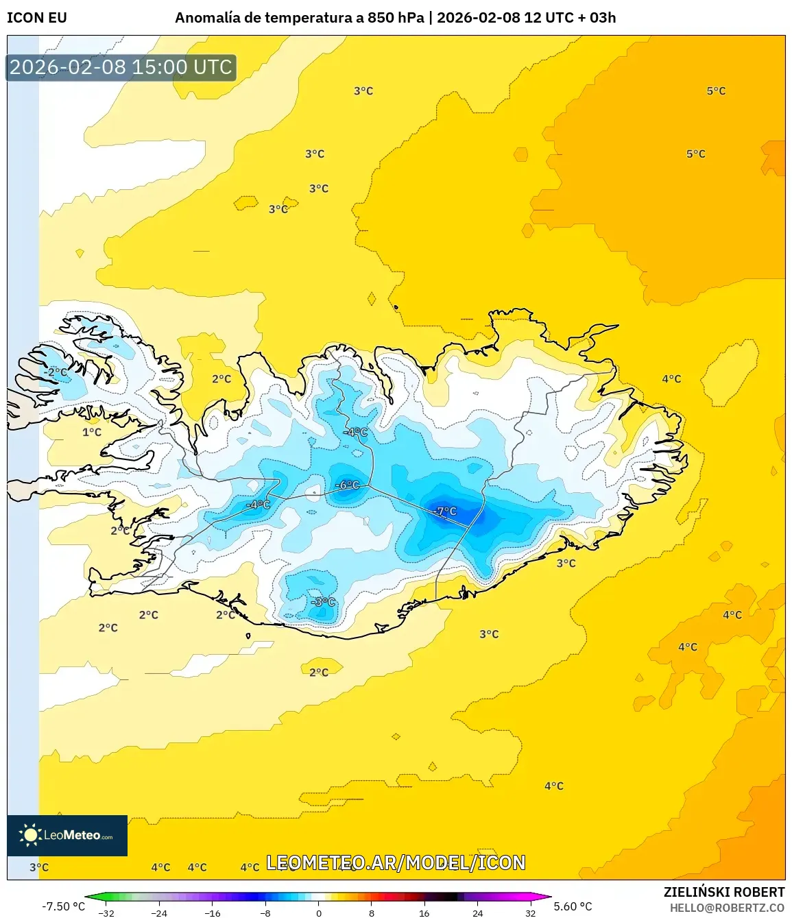 ICON model - Islandia, Anomalía de temperatura a 850 hPa