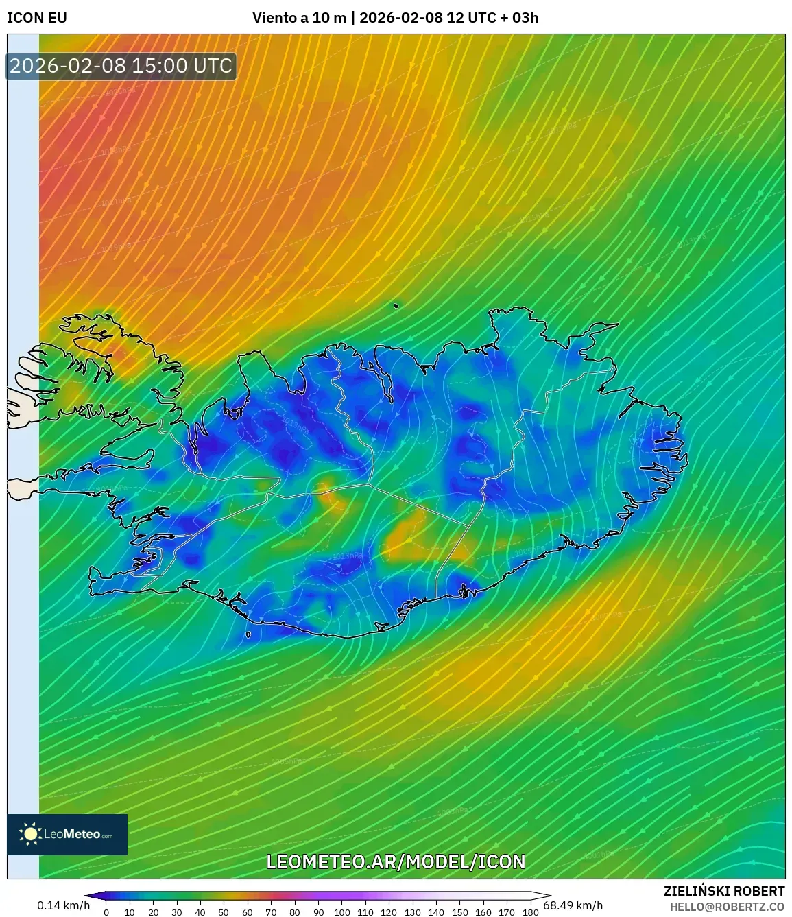 ICON model - Islandia, Viento a 10 m