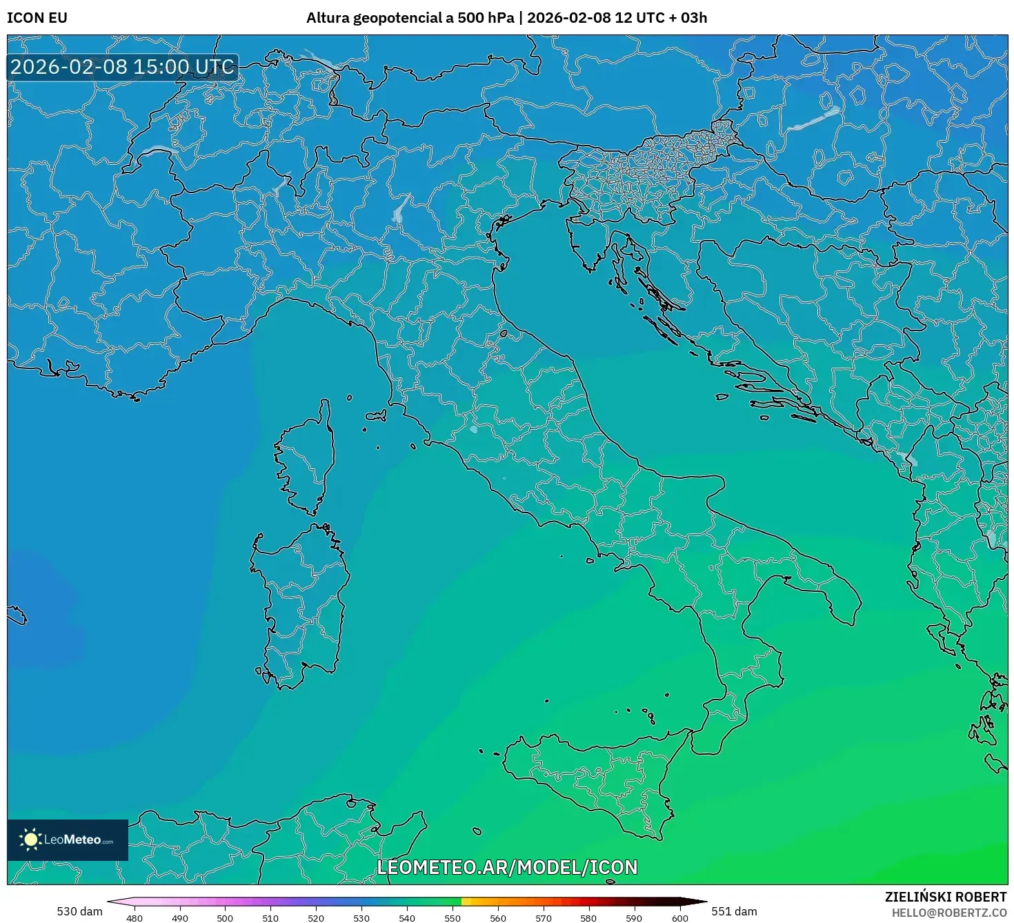 ICON model - Italia, Altura geopotencial a 500 hPa