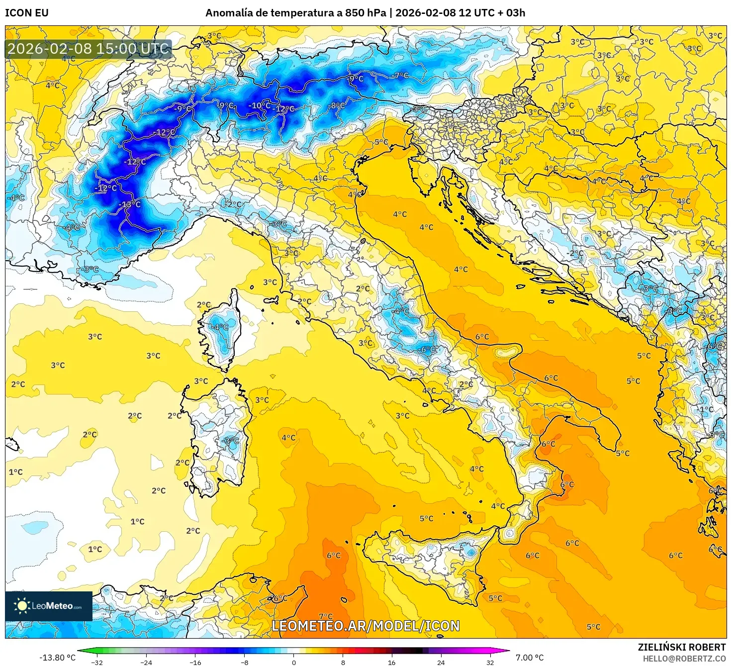 ICON model - Italia, Anomalía de temperatura a 850 hPa