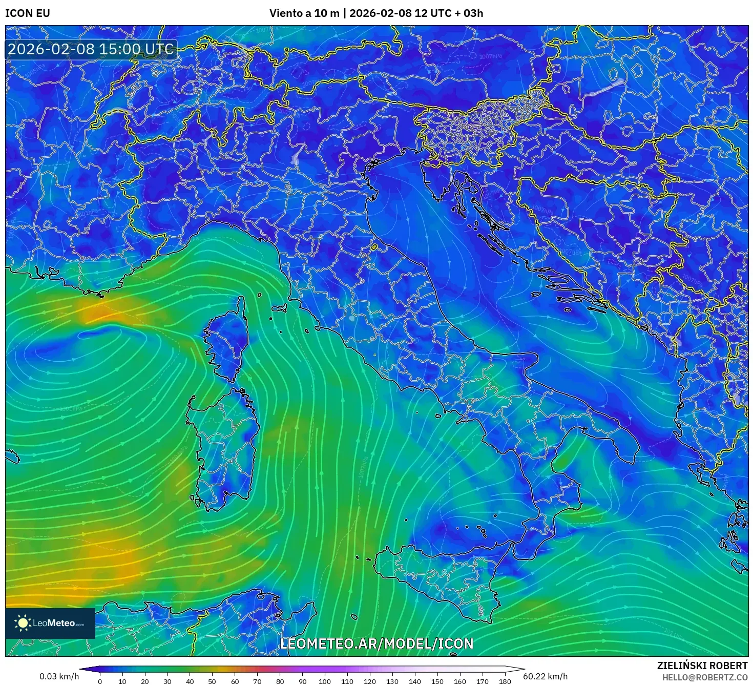 ICON model - Italia, Viento a 10 m