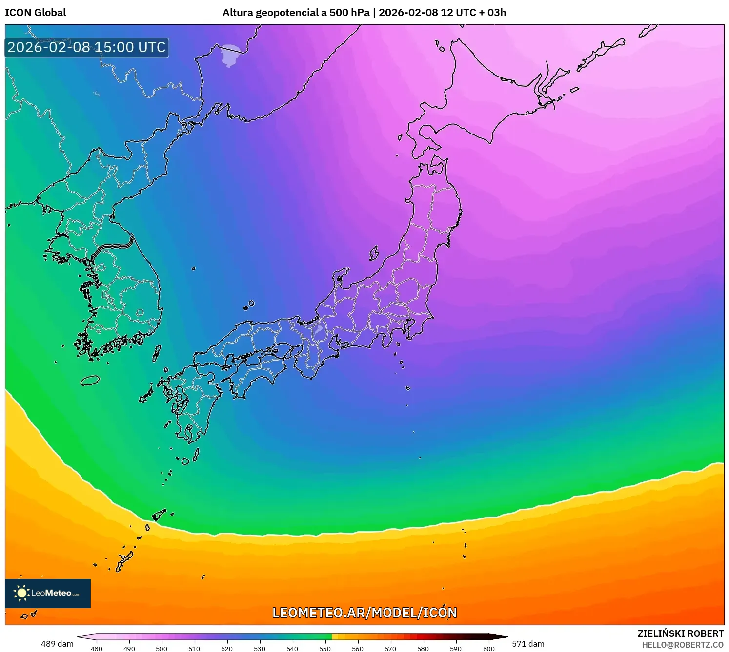 ICON model - Japón, Altura geopotencial a 500 hPa
