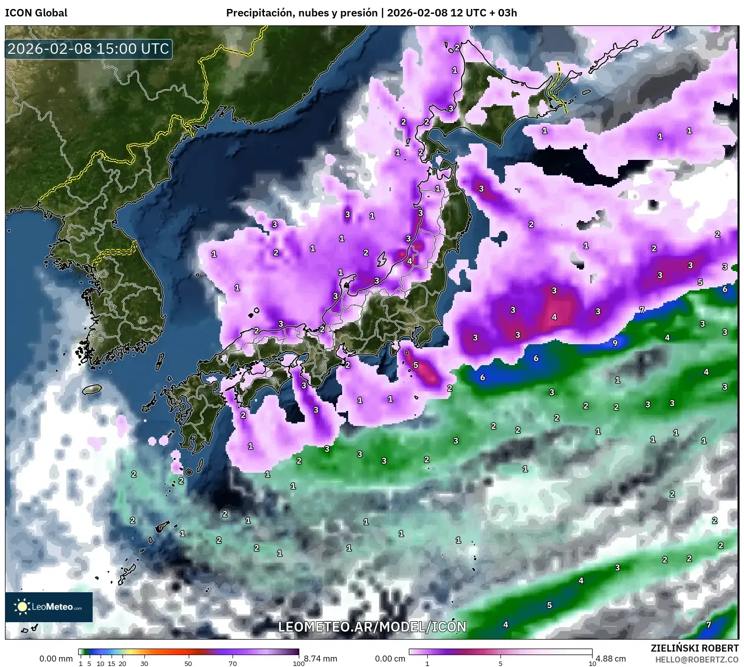 ICON model - Japón, Precipitación, nubes y presión