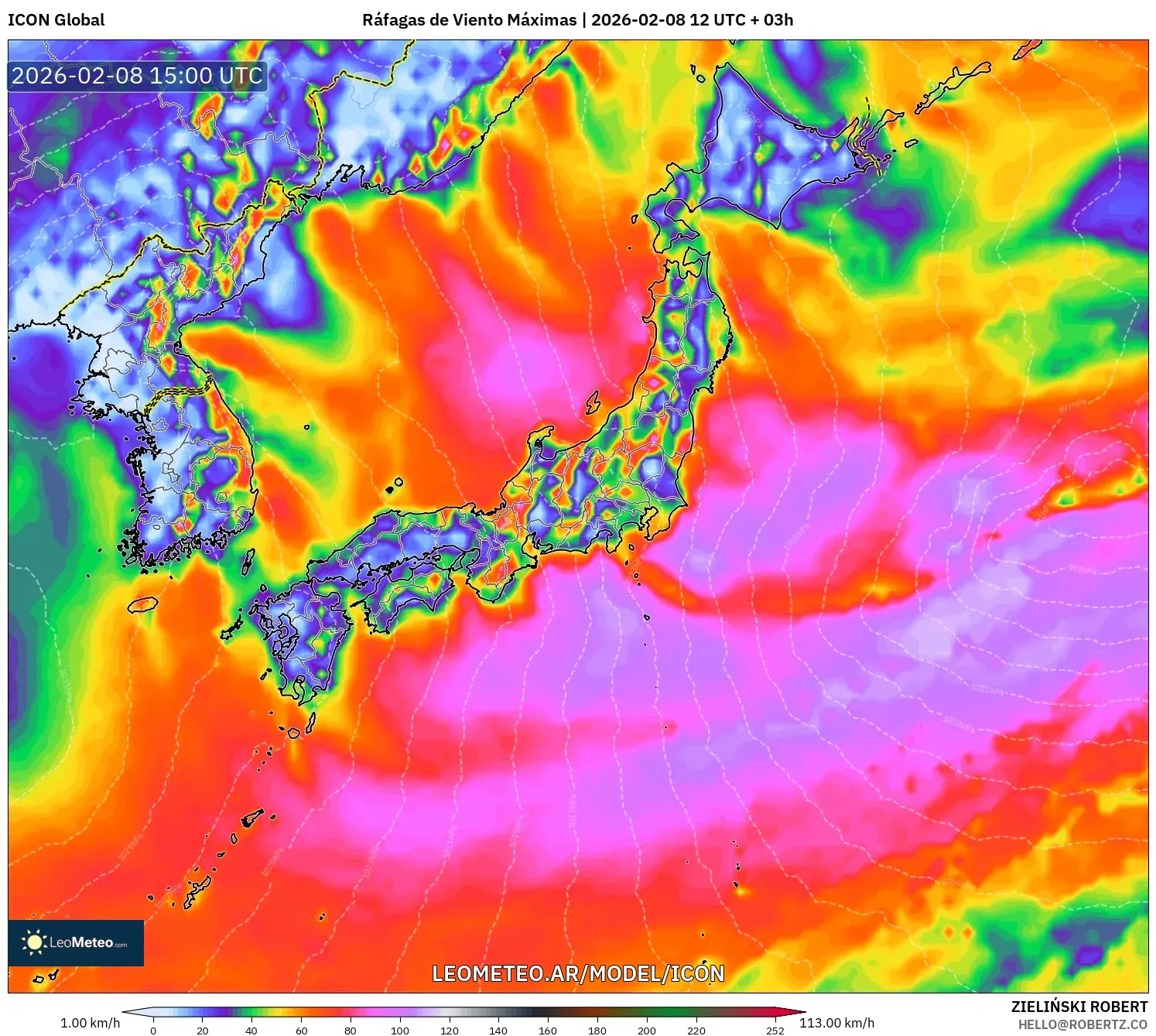 ICON model - Japón, Ráfagas de Viento Máximas