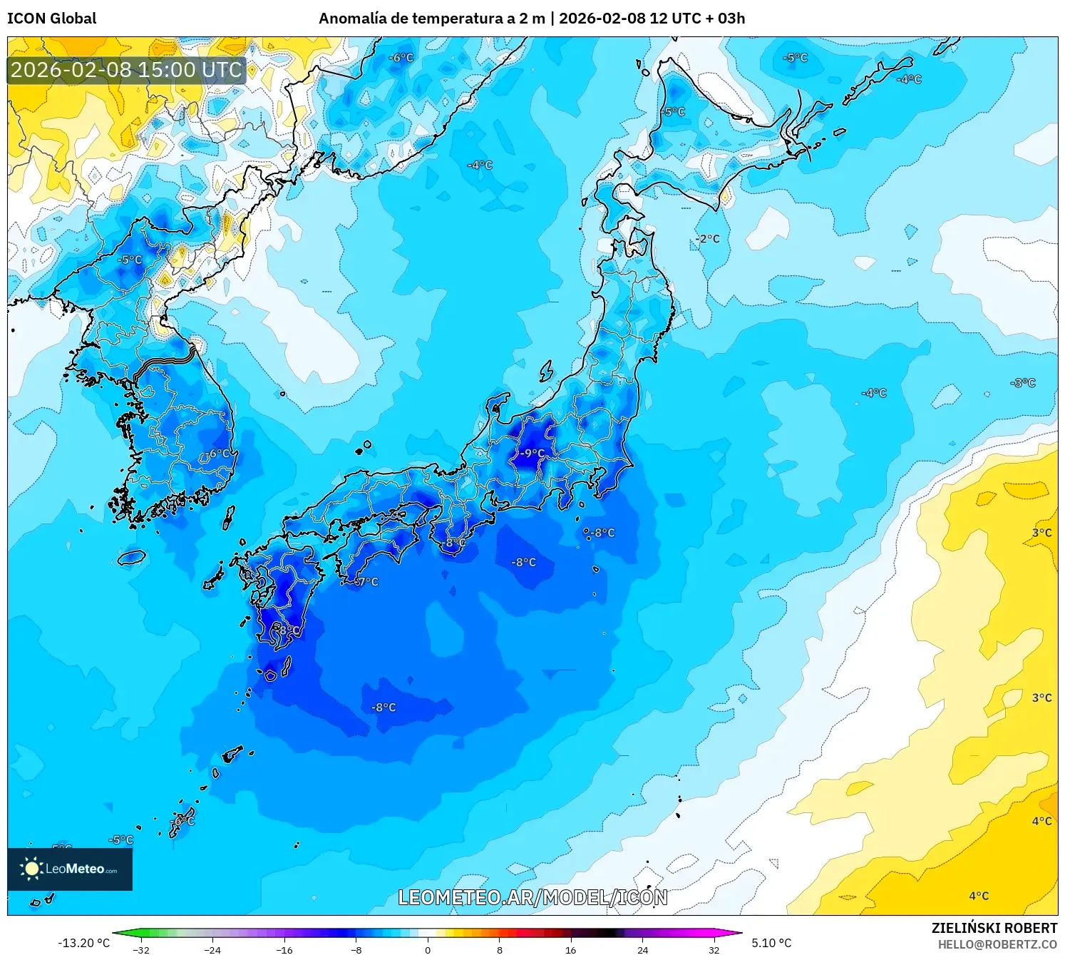 ICON model - Japón, Anomalía de temperatura a 2 m