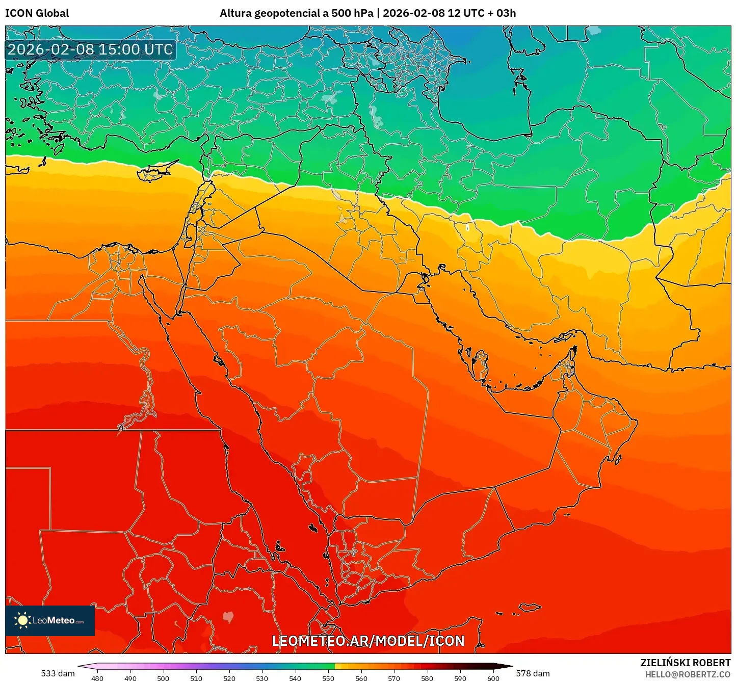 ICON model - Oriente Medio, Altura geopotencial a 500 hPa