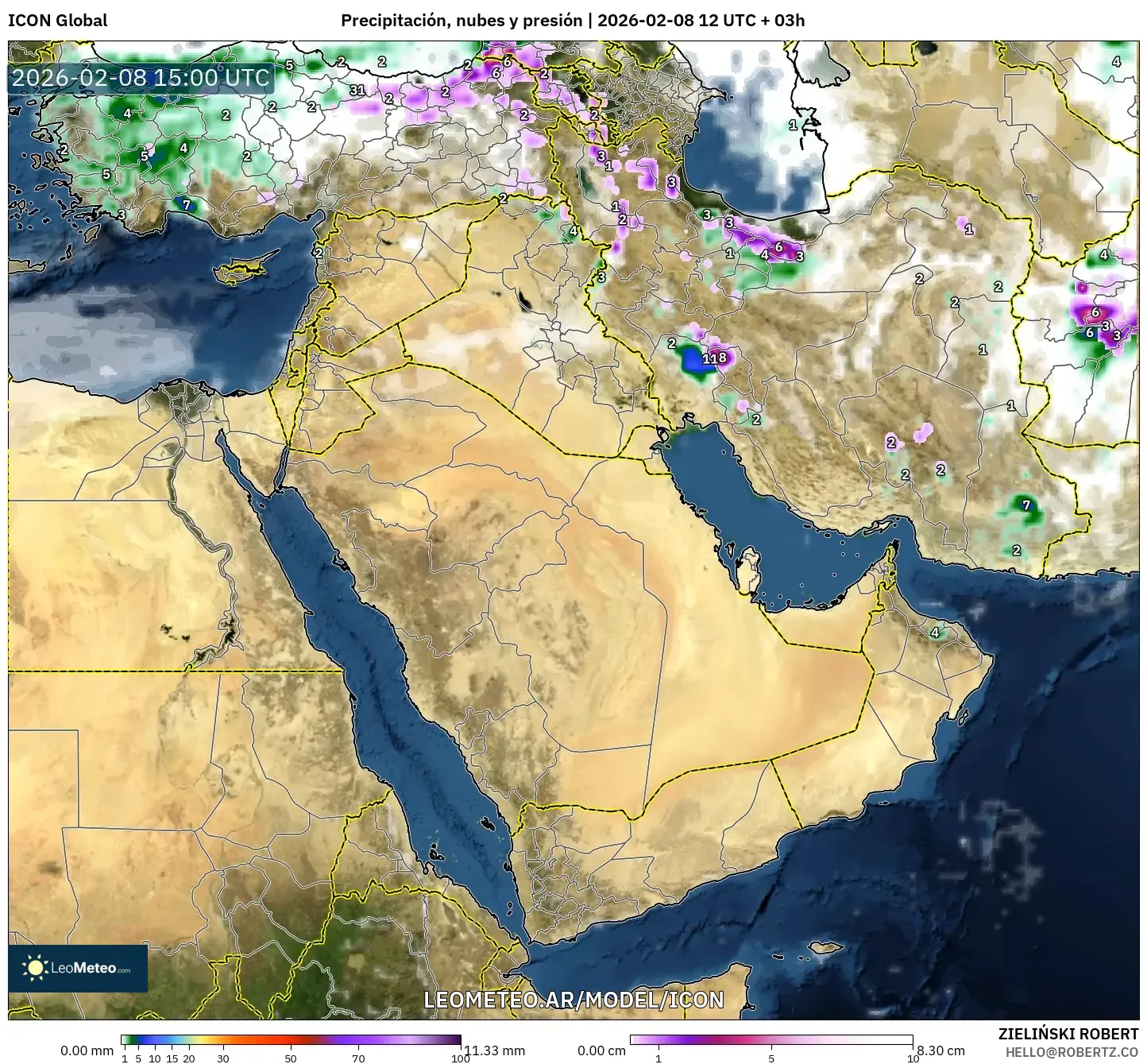 ICON model - Oriente Medio, Precipitación, nubes y presión