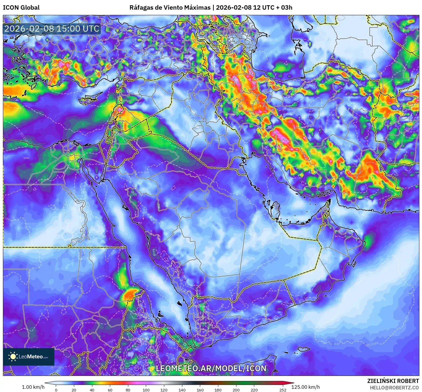 ICON model - Oriente Medio, Ráfagas de Viento Máximas