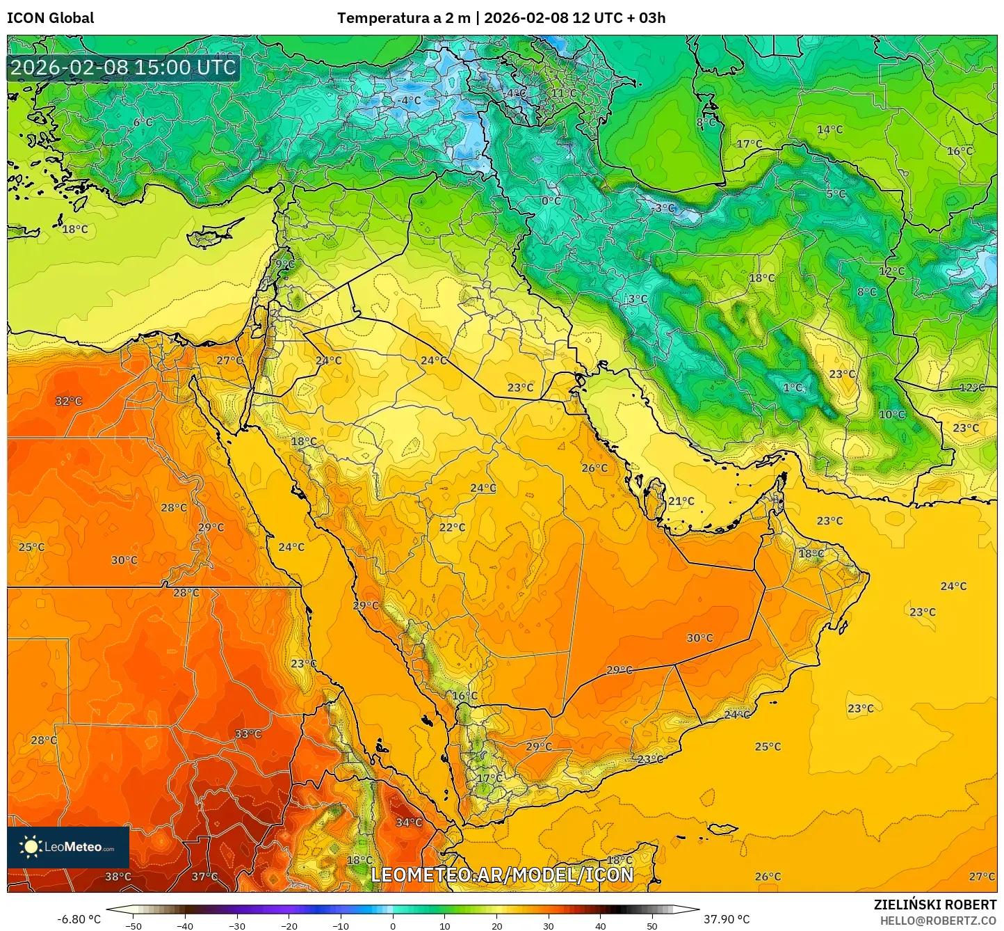 ICON model - Oriente Medio, Temperatura a 2 m