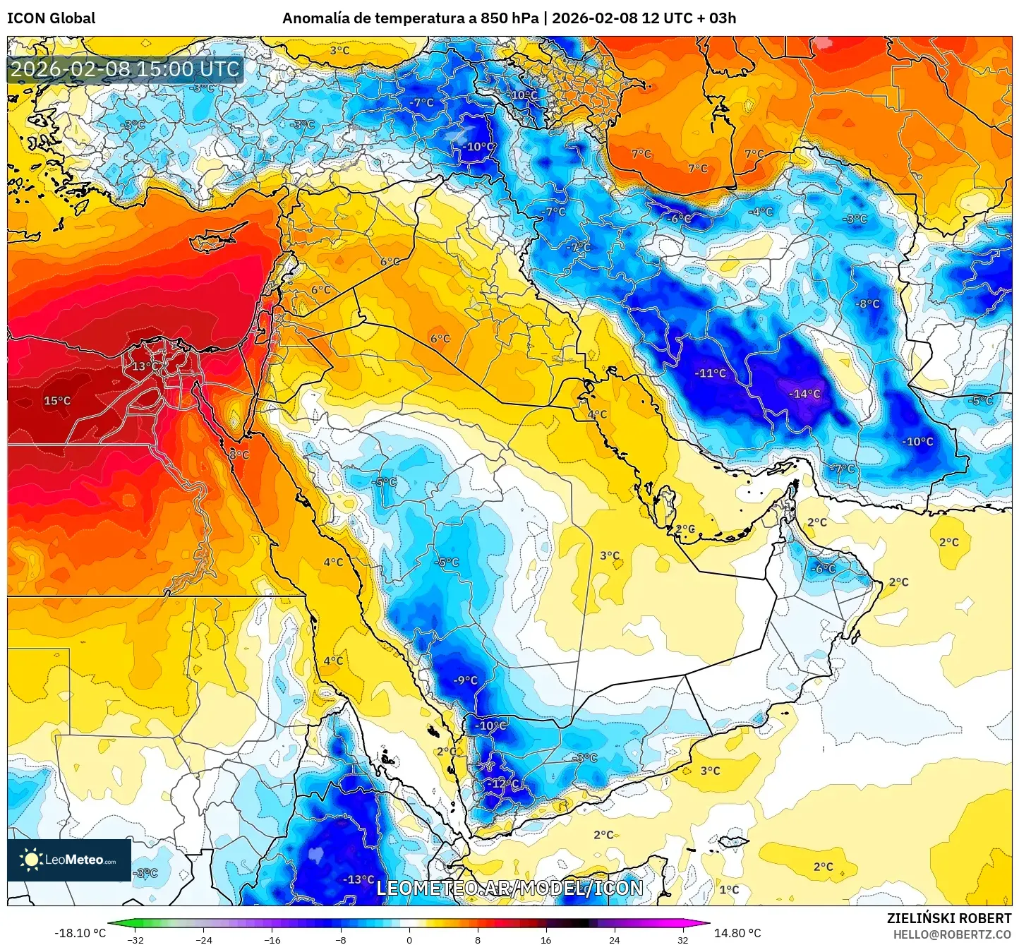 ICON model - Oriente Medio, Anomalía de temperatura a 850 hPa