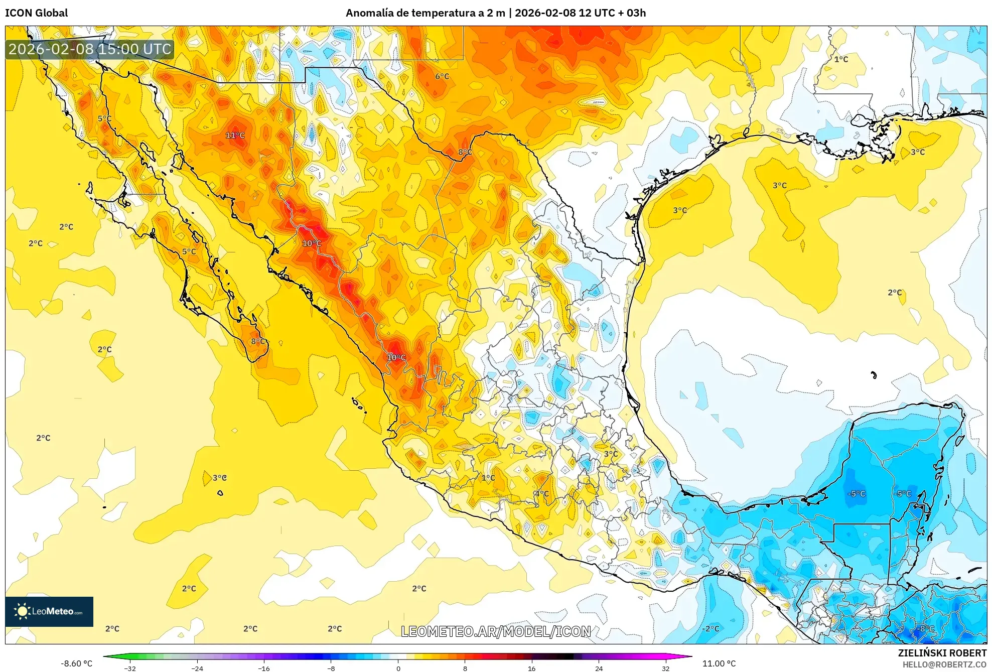 ICON model - México, Anomalía de temperatura a 2 m