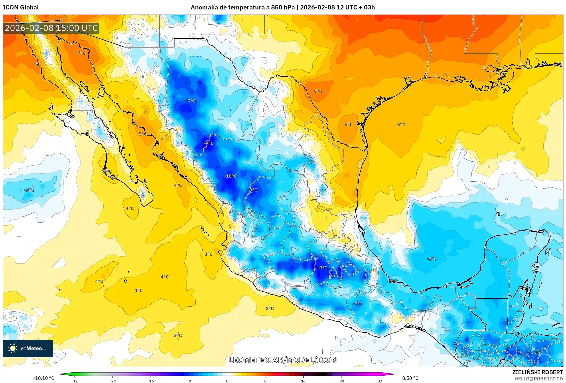 ICON model - México, Anomalía de temperatura a 850 hPa