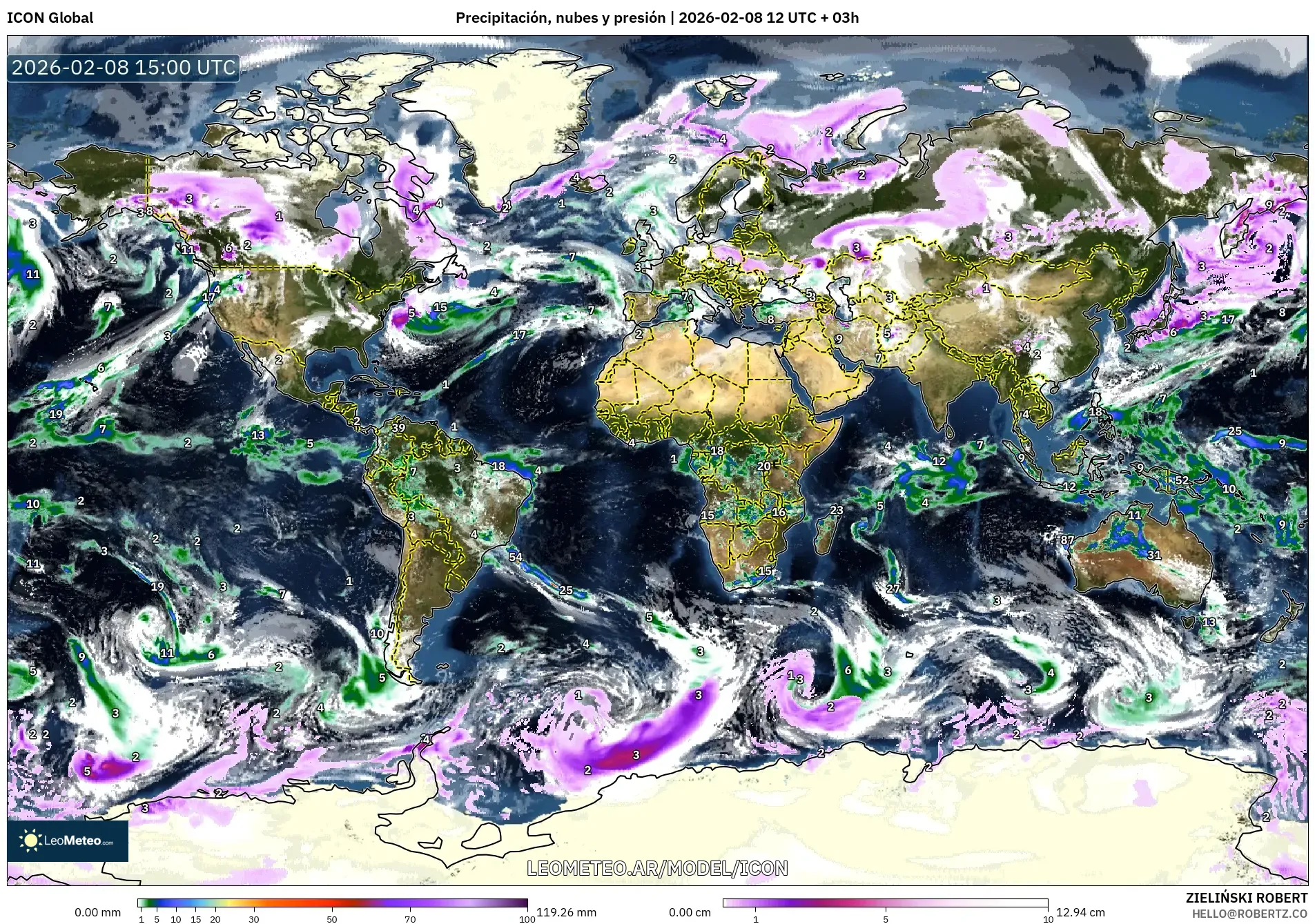 ICON model - Mundo, Precipitación, nubes y presión
