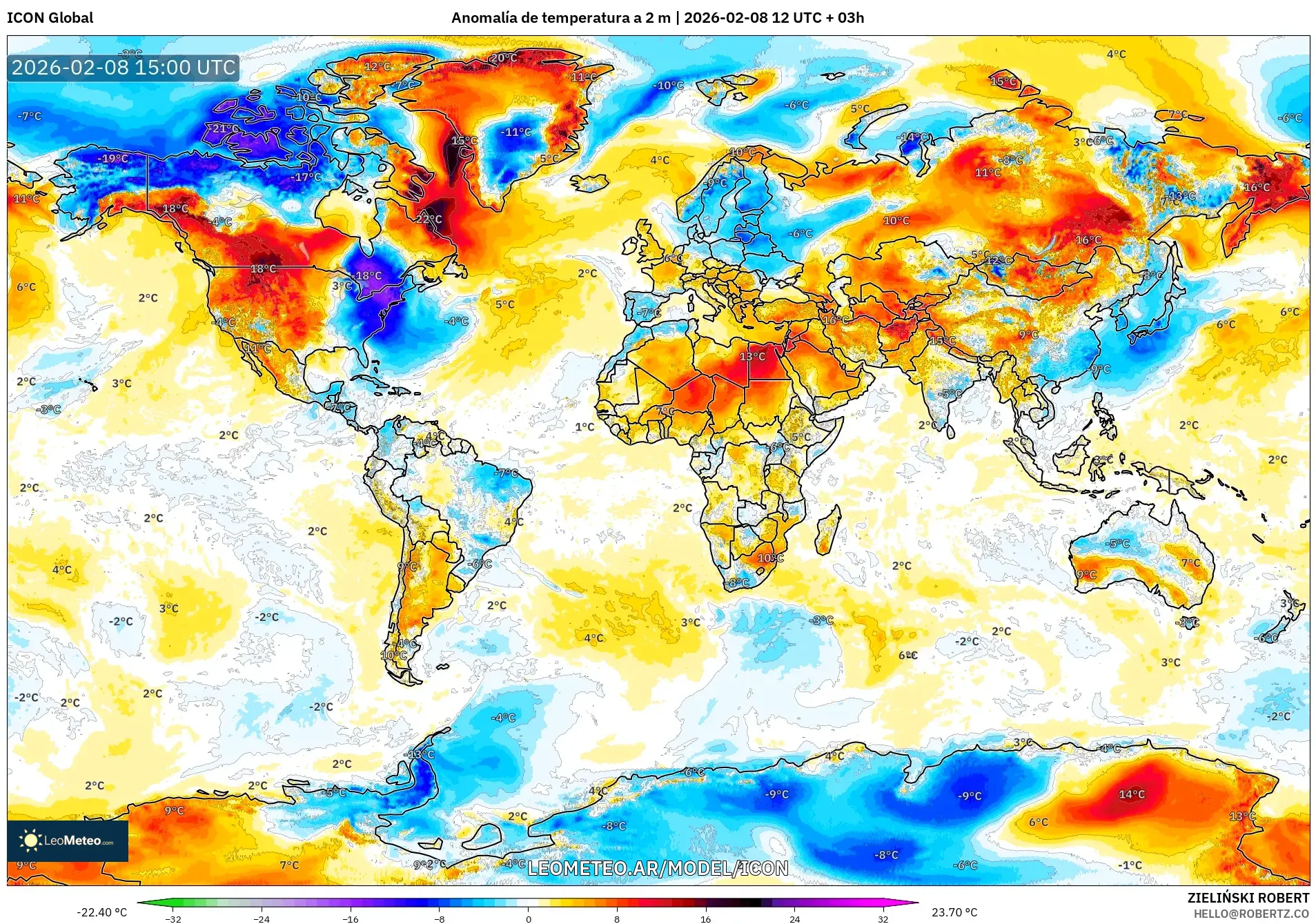 ICON model - Mundo, Anomalía de temperatura a 2 m