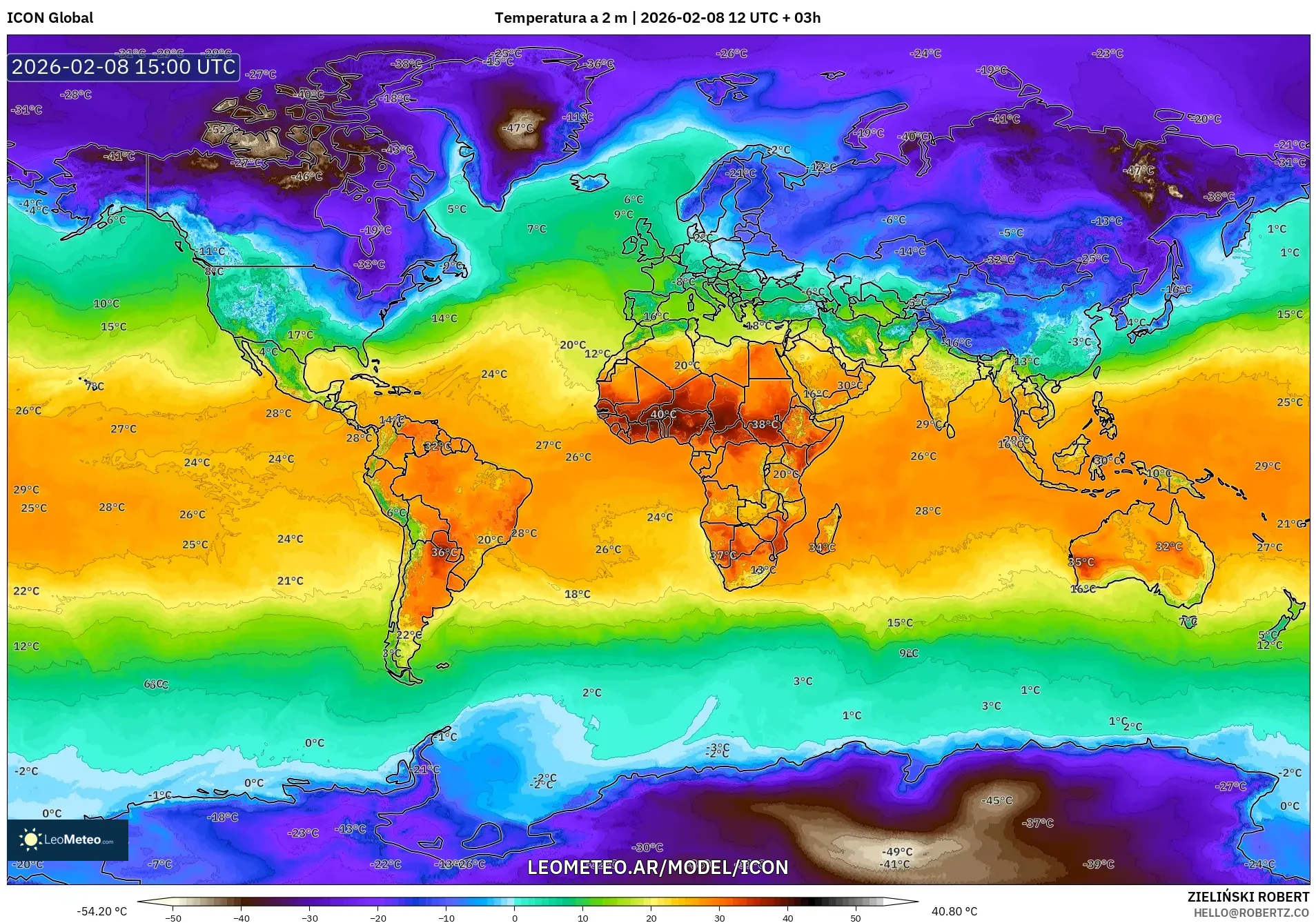 ICON model - Mundo, Temperatura a 2 m