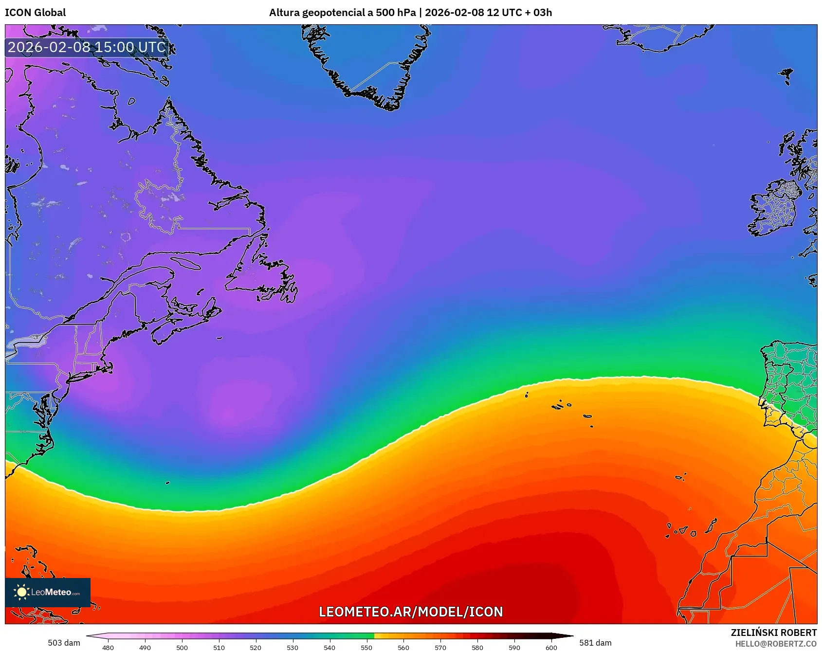 ICON model - Norte Atlántico, Altura geopotencial a 500 hPa
