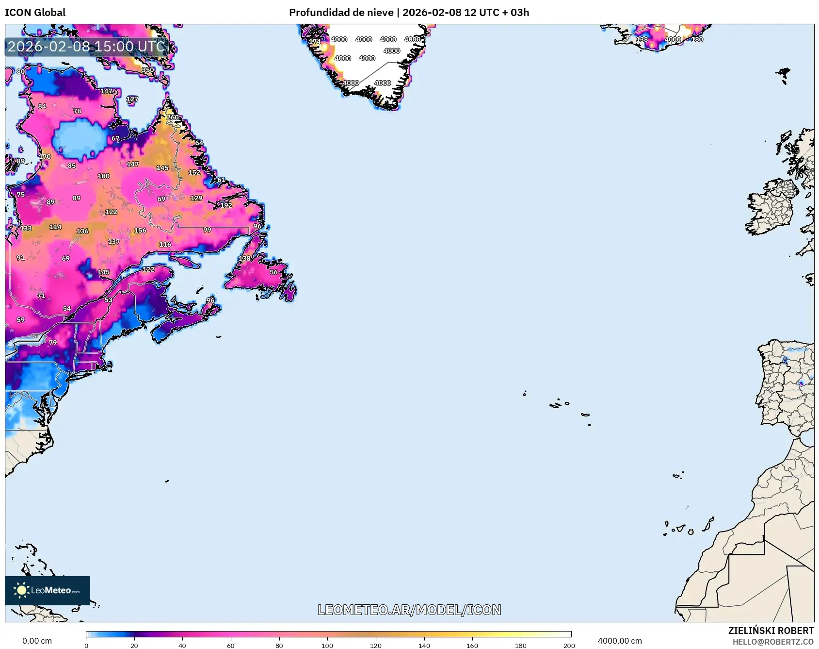 ICON model - Norte Atlántico, Profundidad de nieve