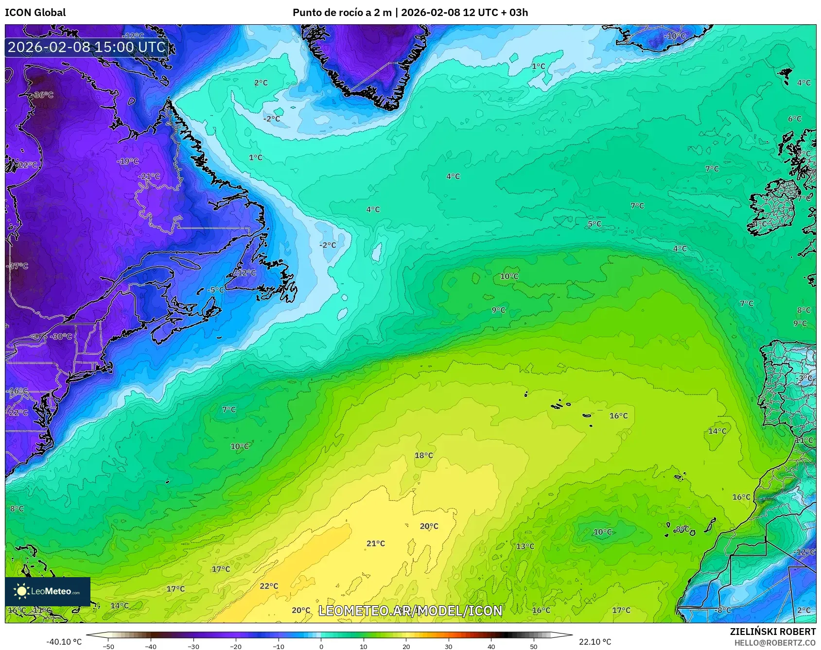 ICON model - Norte Atlántico, Punto de rocío a 2 m