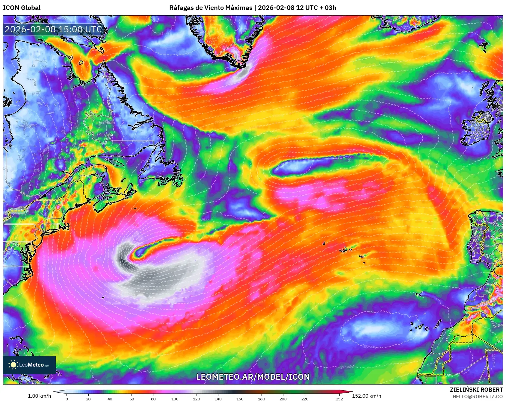 ICON model - Norte Atlántico, Ráfagas de Viento Máximas