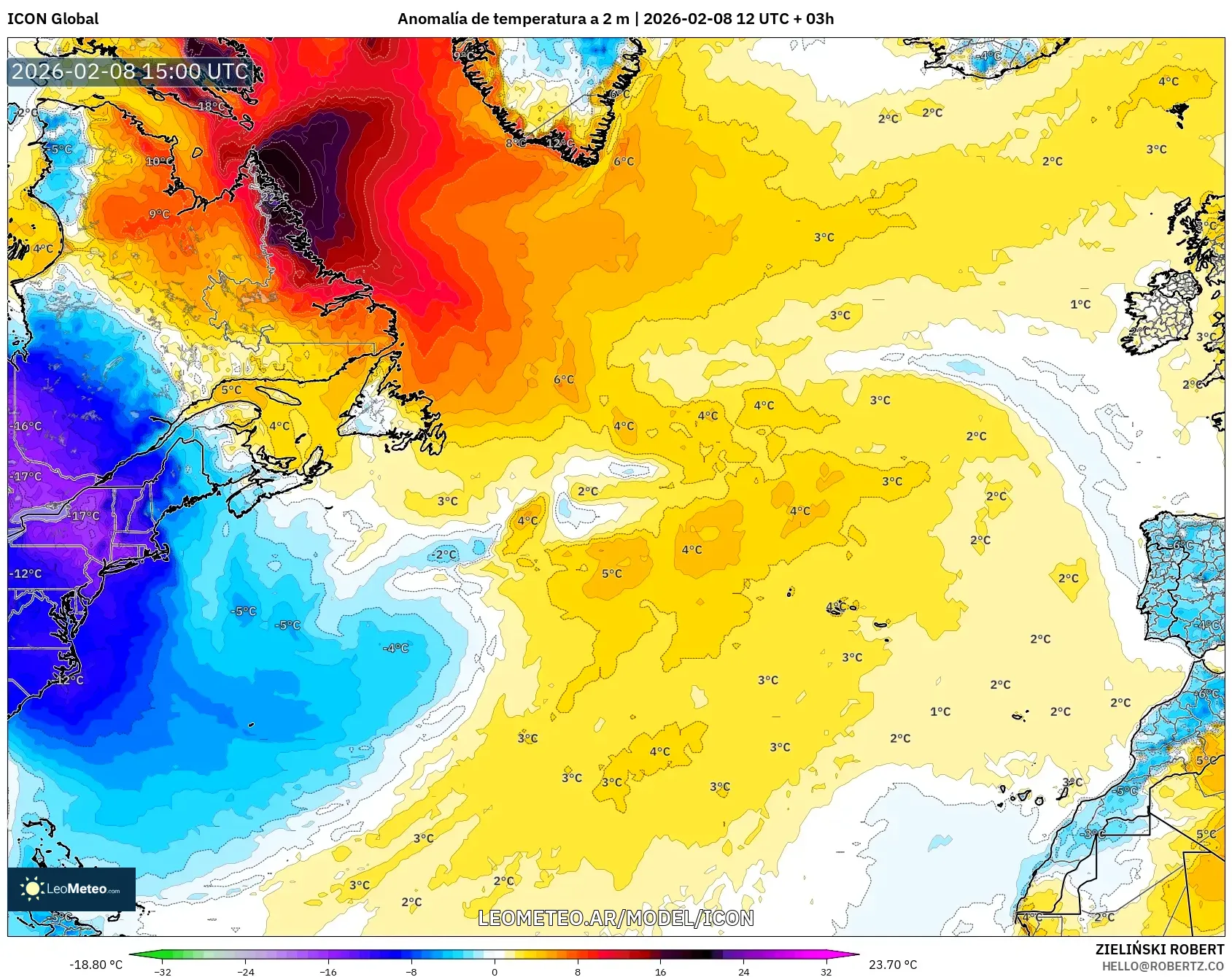 ICON model - Norte Atlántico, Anomalía de temperatura a 2 m