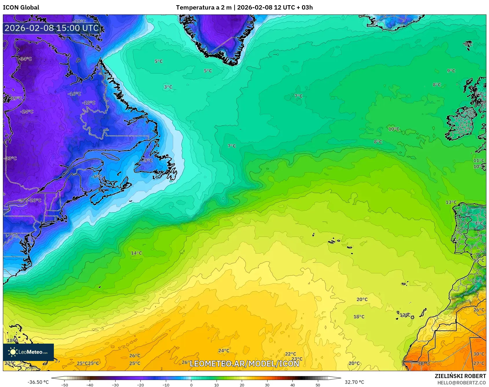 ICON model - Norte Atlántico, Temperatura a 2 m