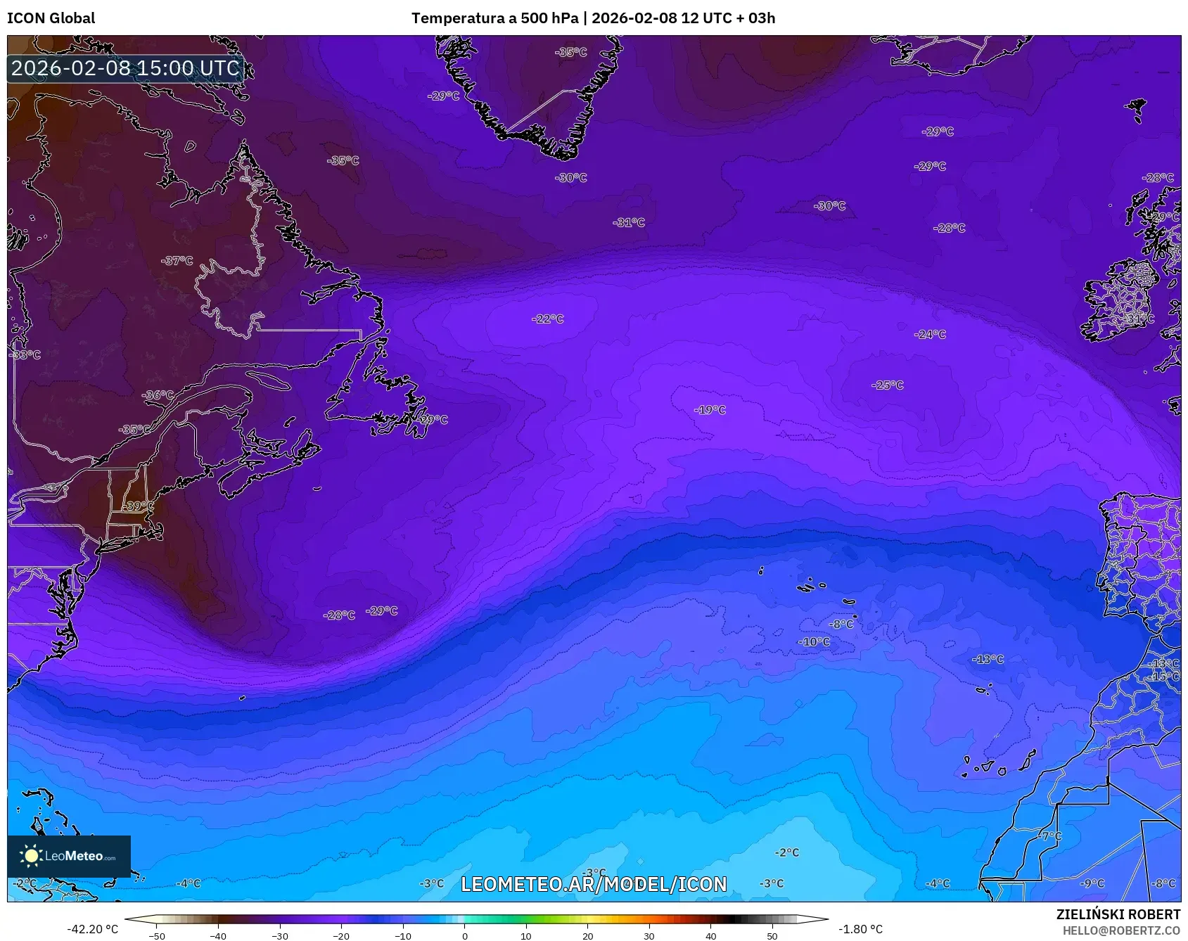 ICON model - Norte Atlántico, Temperatura a 500 hPa