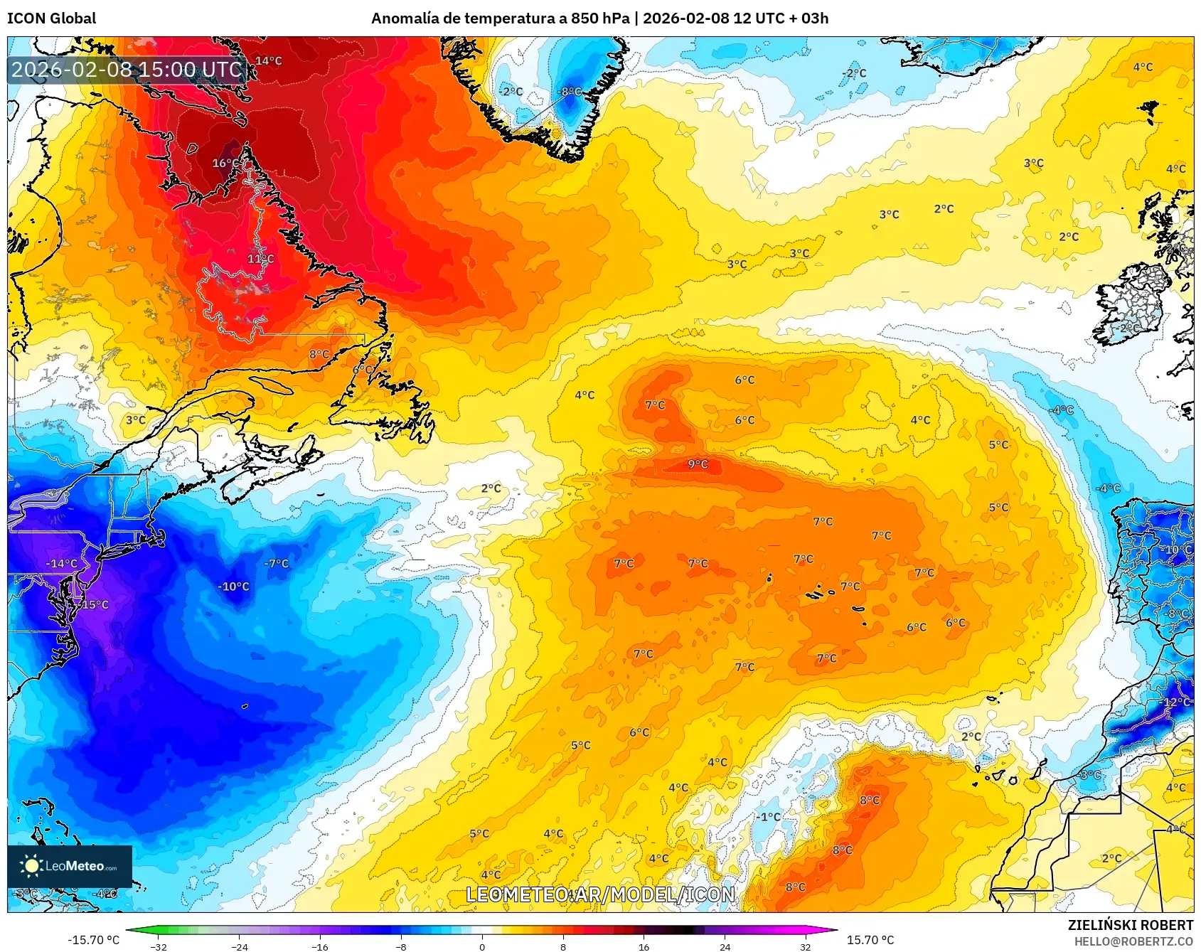 ICON model - Norte Atlántico, Anomalía de temperatura a 850 hPa