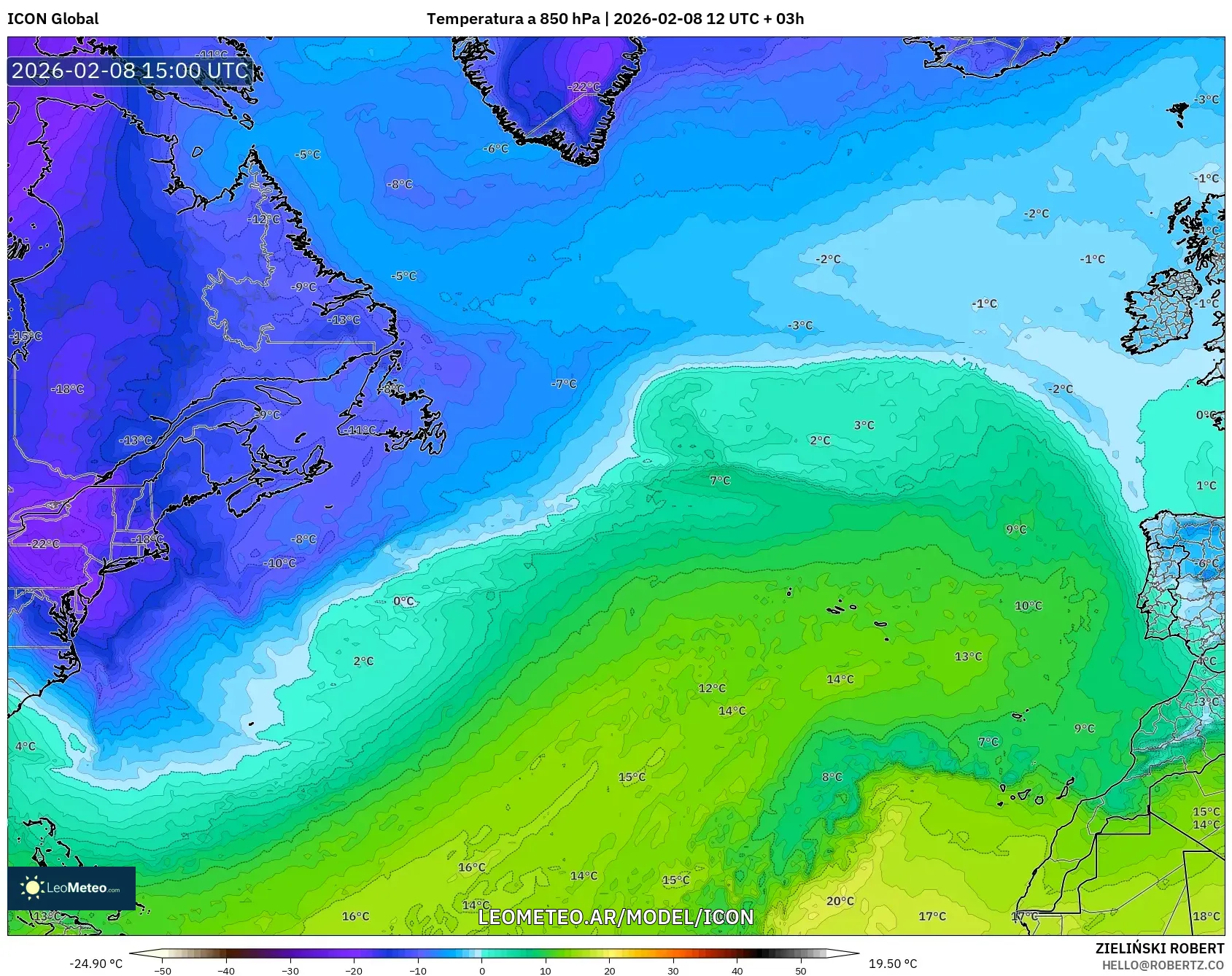 ICON model - Norte Atlántico, Temperatura a 850 hPa